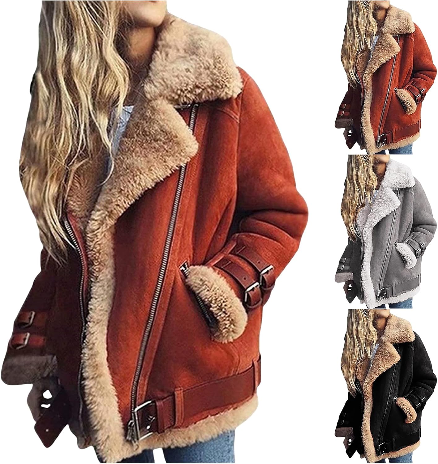 Women Sherpa Lined Coat Lapel Zip Up Plus Size Winter Coats Faux Suede Leather Jacket Thicked Biker Motor Fuzzy Jacket - Image 4