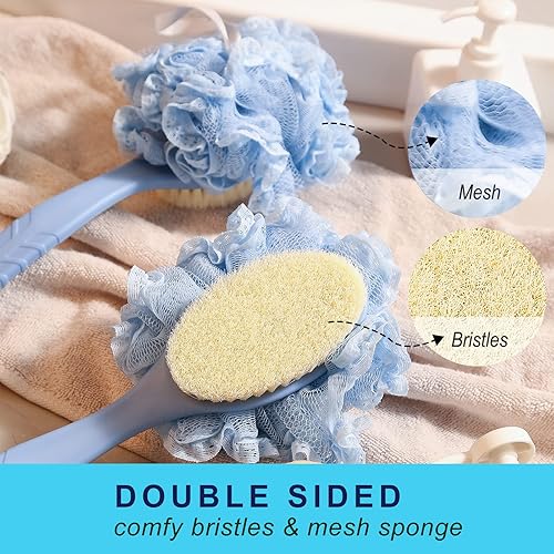 Miniatura 2 de [2ª generación] Cepillo corporal de ducha con cerdas y esponja, esponja de malla de baño con mango curvado de 16 pulgadas de largo, antideslizante,