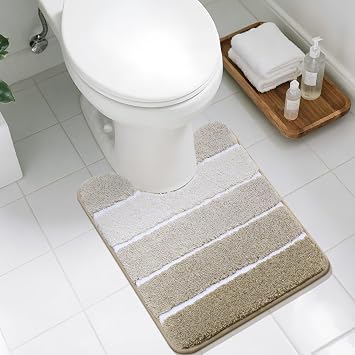 COSY HOMEER Toilet Rugs U-Shaped 24"x20", Ultra Soft Absorbent Bath Mat with Non-Slip TPR Backing, Machine Washable Shaggy Rug for Toilet, Beige & White