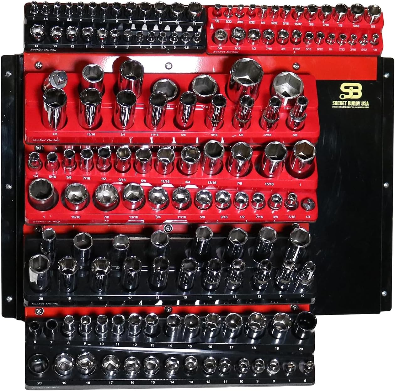 Socket Buddy Magnetic Socket Organizer Wall Mount – Heavy Duty Garage Tool Organizer Shelf with Magnetic Socket Holders – Socket Set Storage Rack for Mechanics, Garage, Workshop Tool Wall