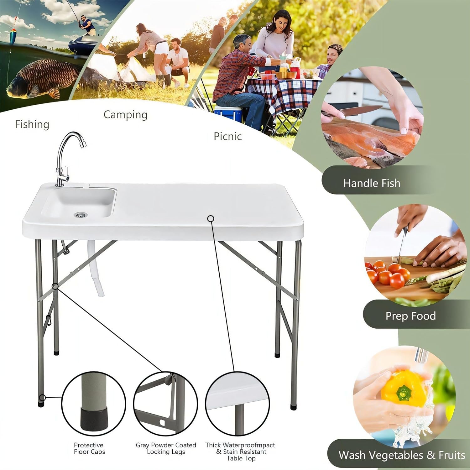 Portable Folding Fish Table with Sink - Outdoor Fishing Cleaning Station, Easy Storage, Fillet Table with Faucet, Ideal for Picnic, Garden, Kitchen, and Camping