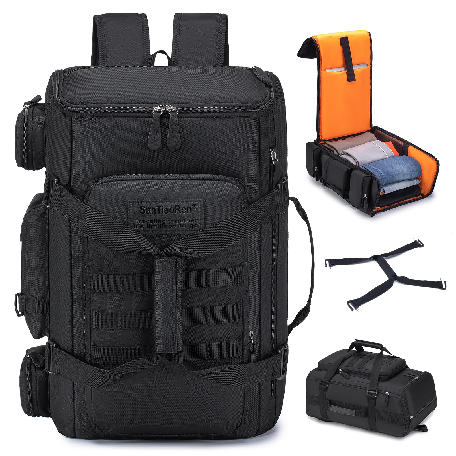 SPAHER 3 en 1 Sac à Dos Randonnée Tactique Sac de Voyage Grand 40L, Noir | Grand Ouverture 180°, 2 Poignées, Système MOLLE, Poches Humides, Compartiment pour Ordinateur Portable Rembourré de 16 Pouces