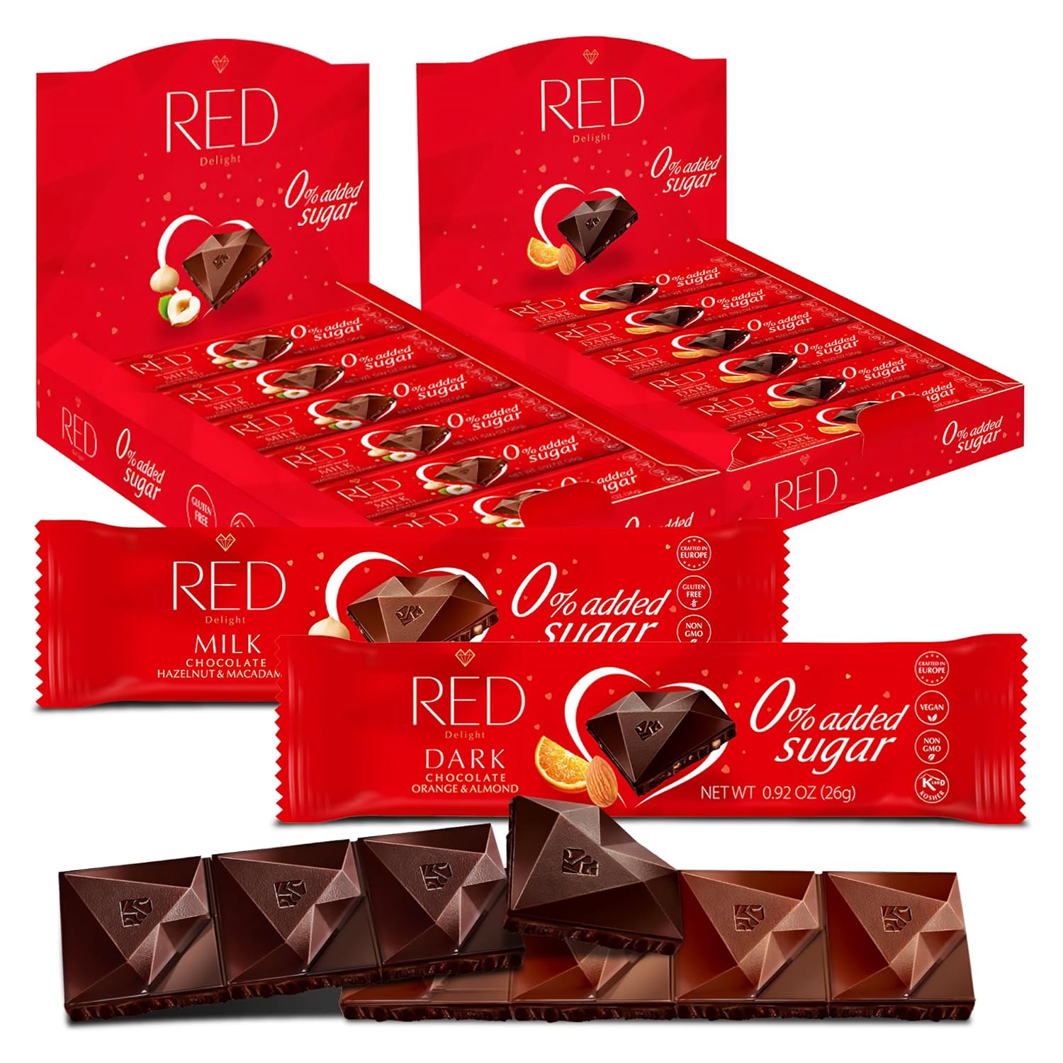 Red Delight Chocolate Variety Pack - Orange Almond Dark, Hazelnut Macadamia Bars - 0.90 oz, Pack of 24 Keto Vegan Snacks - European-Made Gourmet Treats for Gifting & Sharing