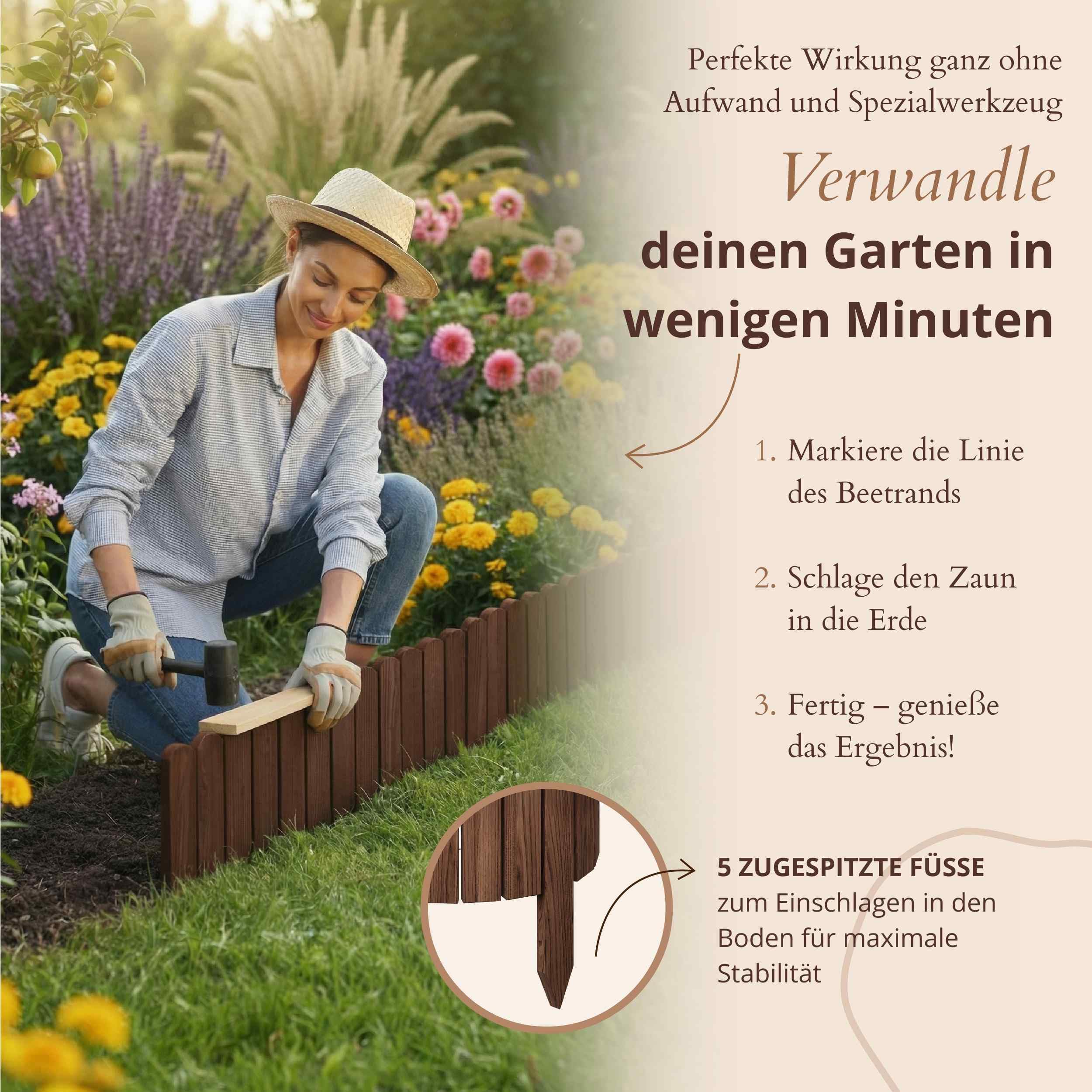 Floranica Beetumrandung Holz 10 m (5X à 2 m) H 20 cm Braun | Flexible Beeteinfassung aus Kiefernholz für Blumenbeet, Rabatten und Wege – chromfrei imprägniert, witterungsfest