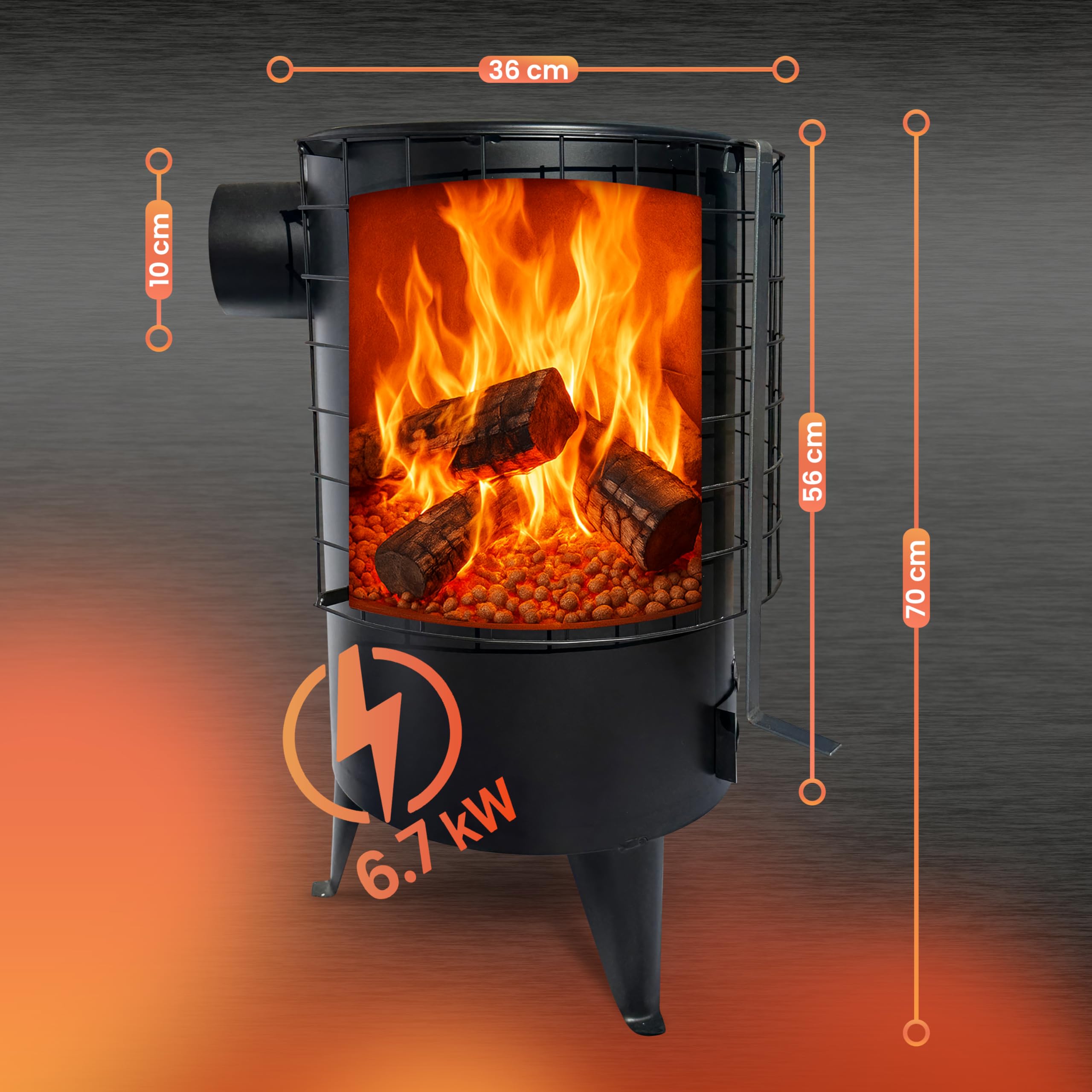 Estufa de Leña Redonda. Estufa Pellets con Potencia 6.7 KW para Calentar Superficie De 50 M². Chimeneas de Leña y Carbon. Color Negro.