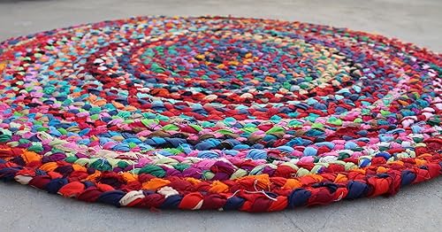 Miniatura 3 de Alfombra de tela de algodón multicolor, almohadilla tejida a mano, alfombra de trapo redonda, tejida a mano reversible de algodón reciclado natural,