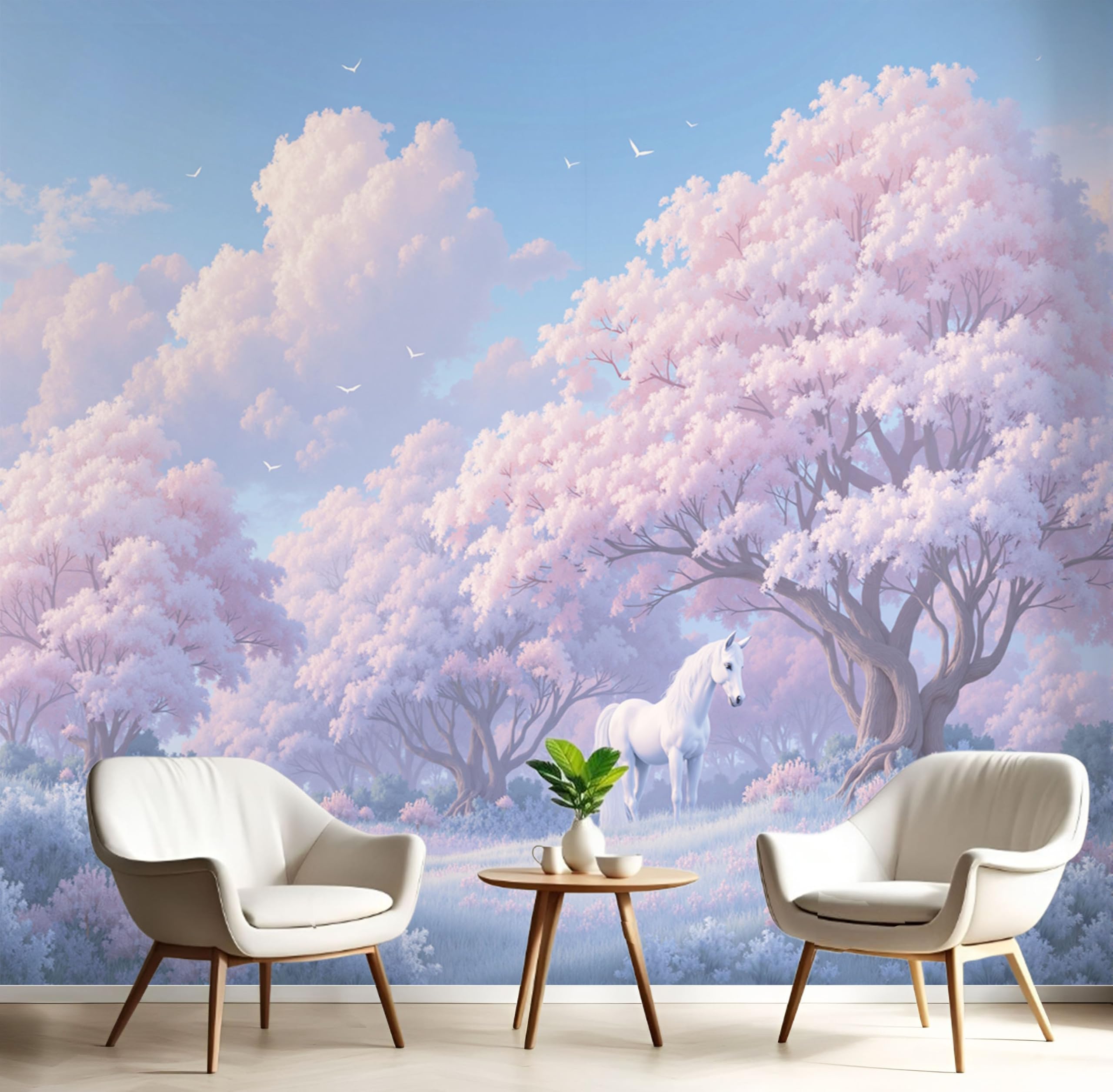 Papier peint panoramique rose blush avec Pégase et cerisier pour sublimer une chambre parentale