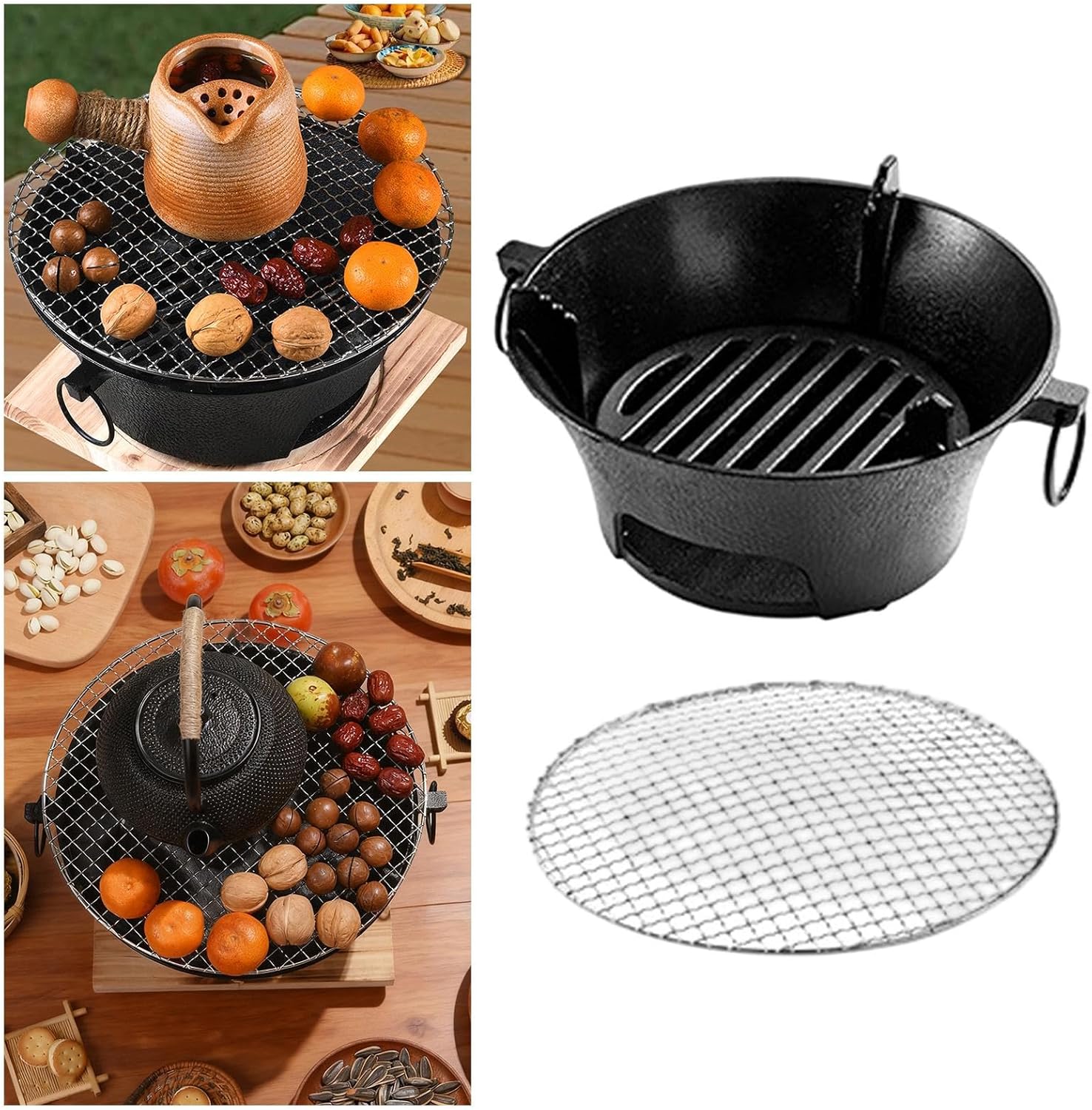 Mini BBQ Grill with Mesh Rack, Cast Iron Camping Grill 23cm (9.1 inch) for Hiking Patio Wood Fire