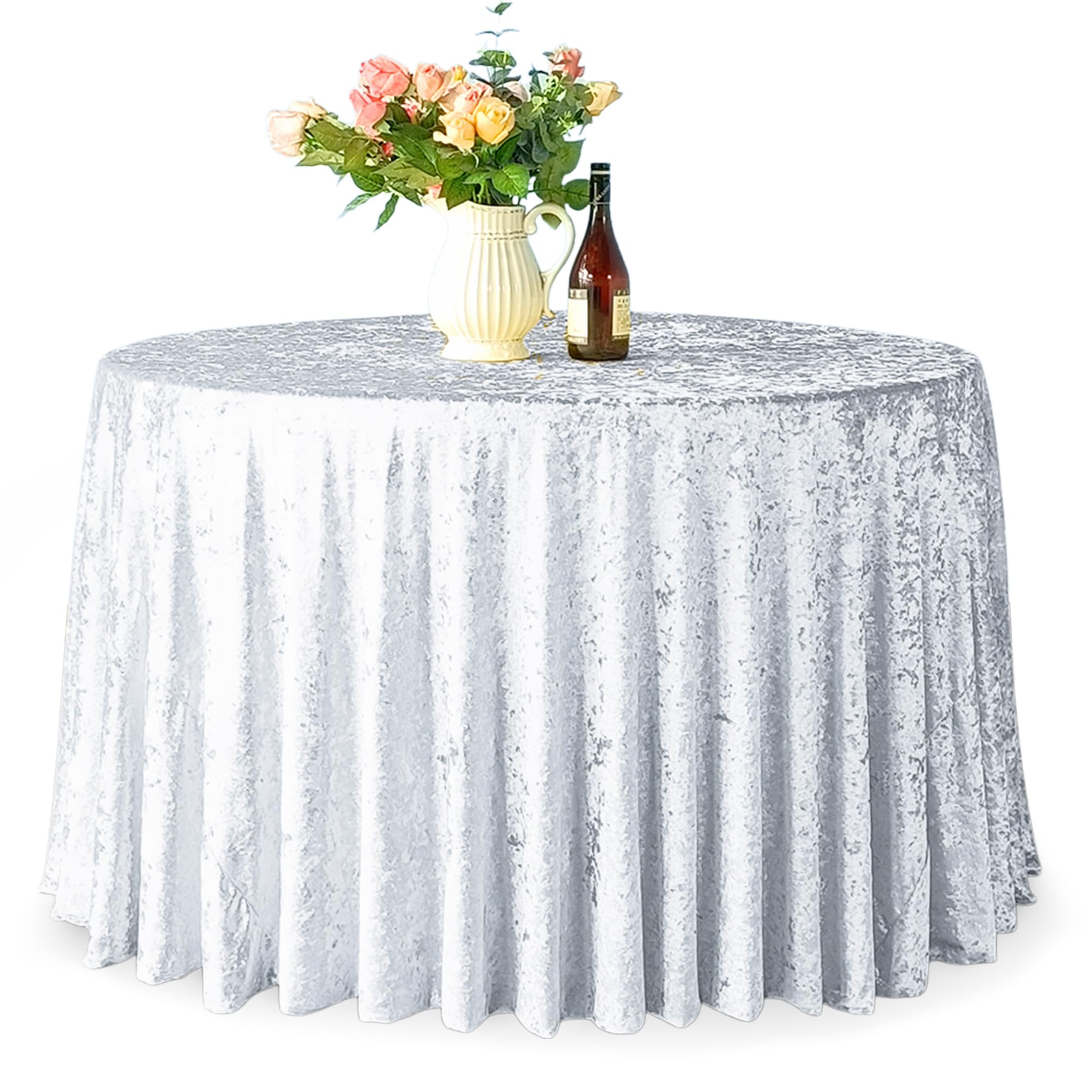 Trimming Shop 132" Round White Crushed Velvet Table Cloth, Pack of 1