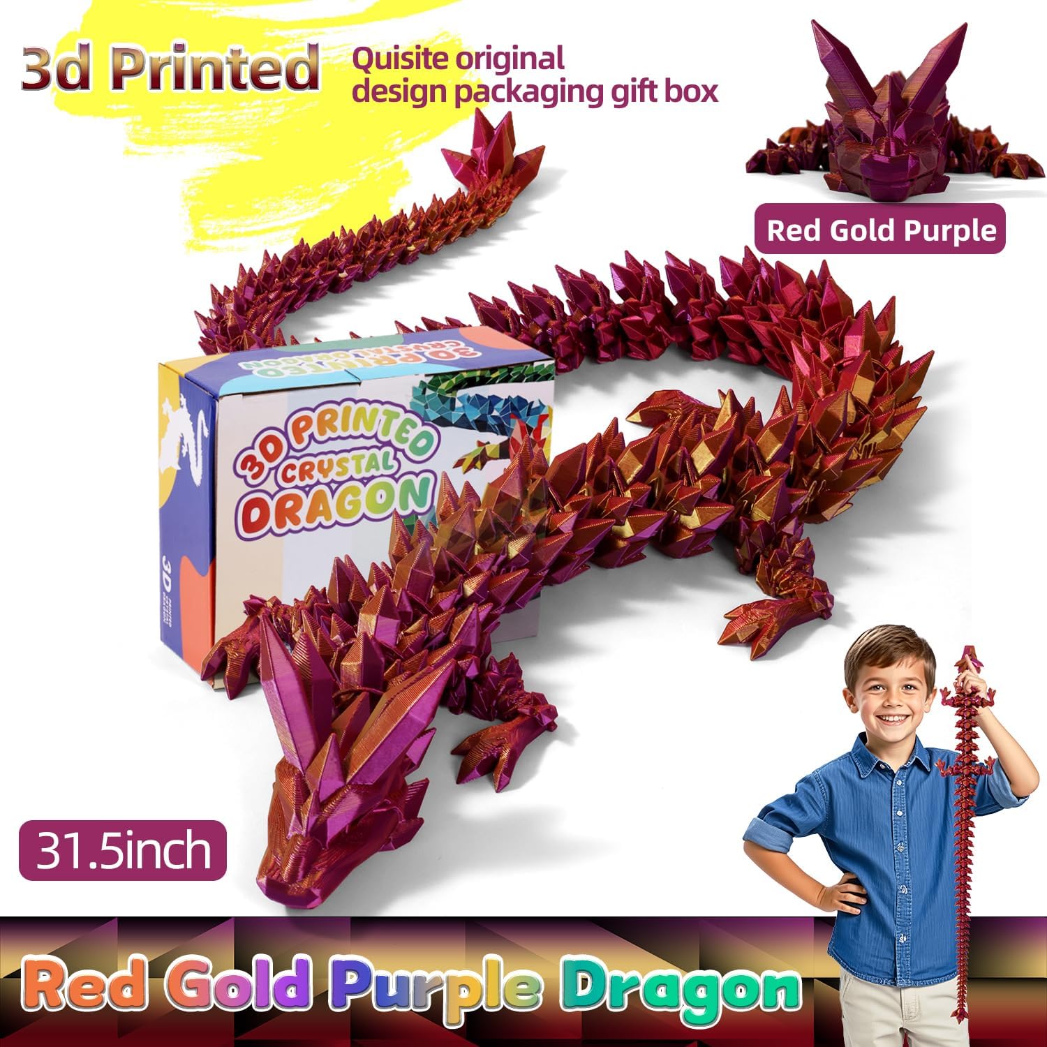 31.5" Giant 3D Printed Dragon Large 3D Dragon Model, Big 3D Printed Figure, Oversized Poseable Articulated Toy, Fantasy Collectible Gift for Desk and Home Décor (Purple Gold, 31.5 inch)