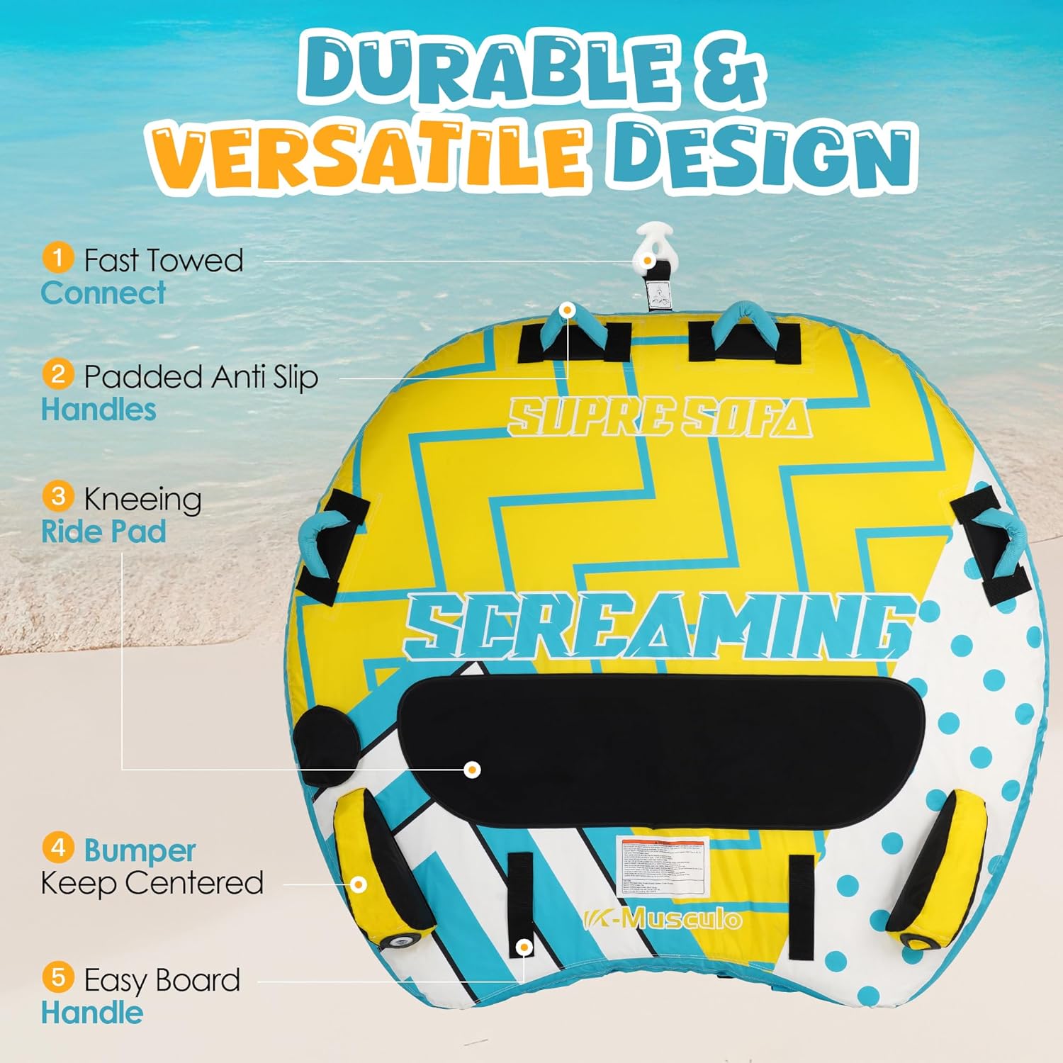 K-Musculo Towable Tubes for Boating 2 Person, 840D Heavy Duty Boat Tubes and Towables, Inflatable Water Tubes for Boats to Pull with Fins, Drainage, Quick Connector(2025 Pro