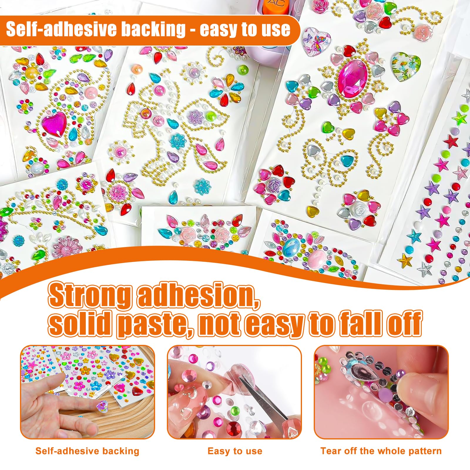 8 Fogli Di Strass Autoadesivi Per Bambini – 200+ Pietre Acriliche Colorate Con 8 Design (unicorno, Fiori, Farfalle) – Per Decorazioni Fai Da Te - 3