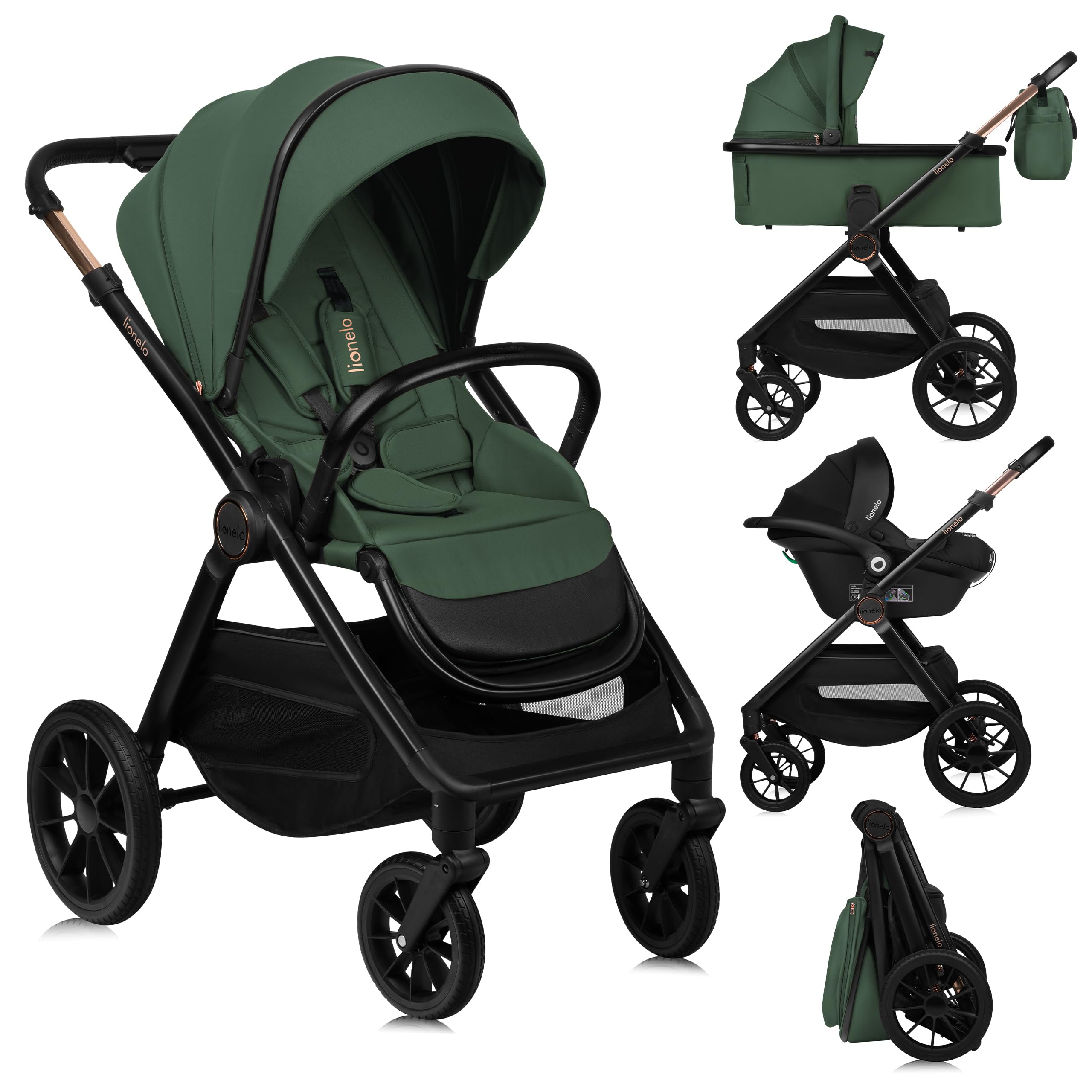 LIONELO LAYLA 3 en 1 Poussette combinée 0-48 mois 22 kg Nacelle 9 kg Siège auto 13 kg AiryDots Roues PU pivotantes 360° Suspension complète Green