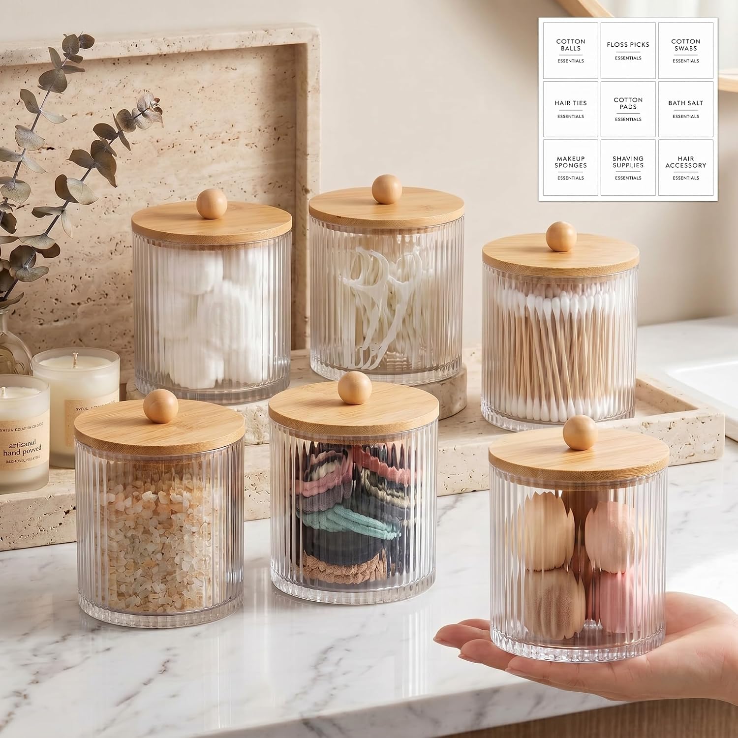 Yaomiao 6 Pcs Ribbed Bathroom Canisters Apothecary Jars with Wood Color Bamboo Lids and Label Stickers, 18 oz Plastic Canister with Fluted Design for Cotton Ball, Swab, Floss Picks House Storage