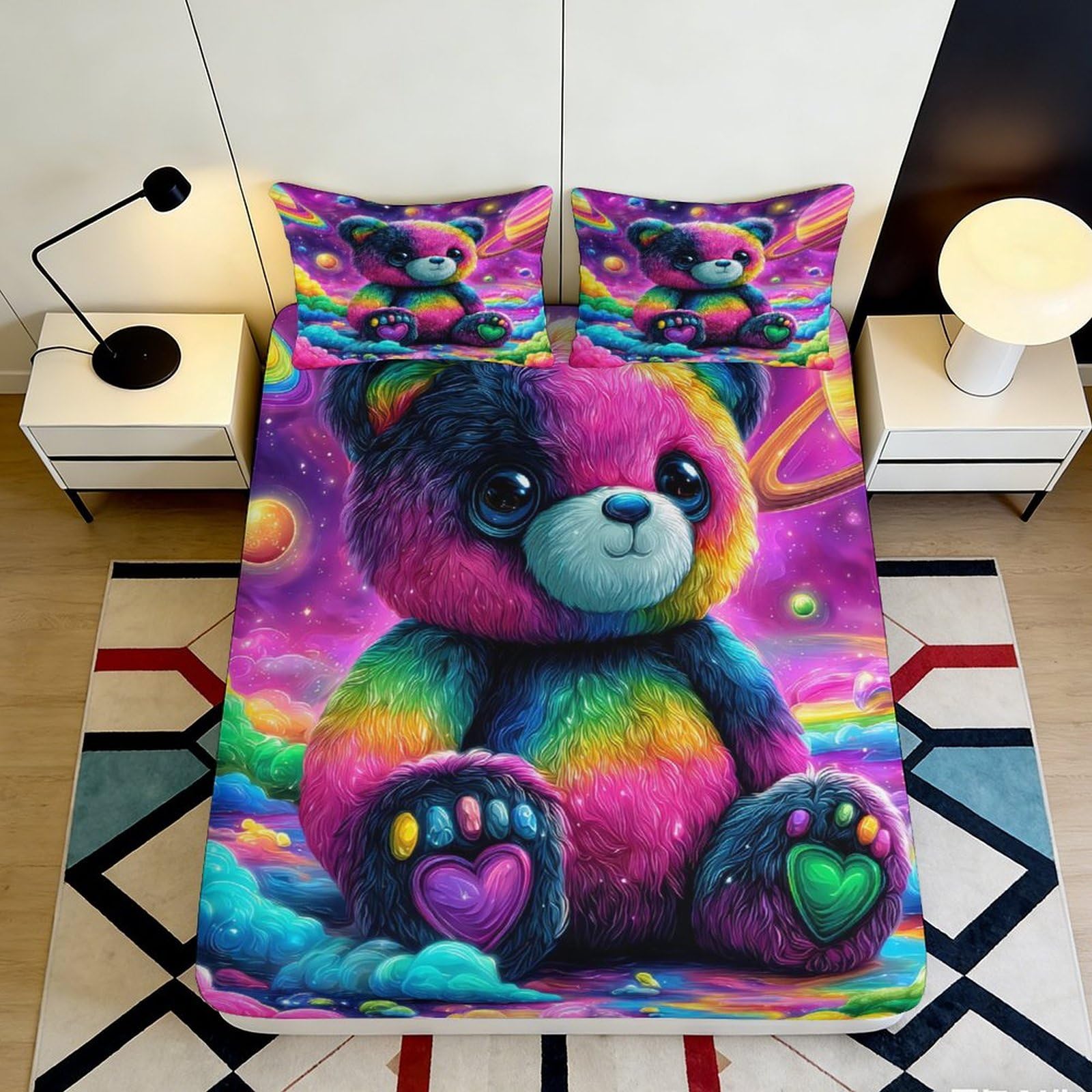 3D Printed Rainbow Teddy Bear Fitted Sheet Microfiber Soft Breathable Space Galaxy Bed Cover for Bedroom Dormitory Guest Room Mattress Protection 90x200x25cm