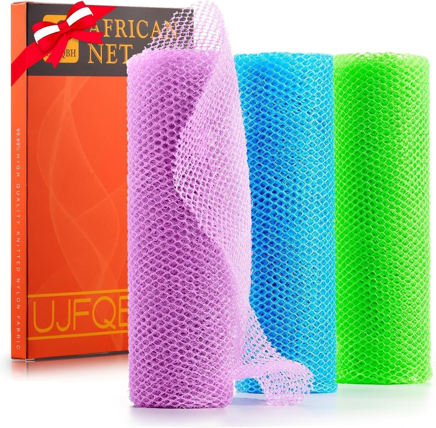 UJFQBH 3 Pieces African Bath Sponge African Net Long Net Bath Sponge Exfoliating Shower Body Scrubber Back Scrubber Skin Smoother,Great for Daily Use (Pale Purple, Blue, Green)