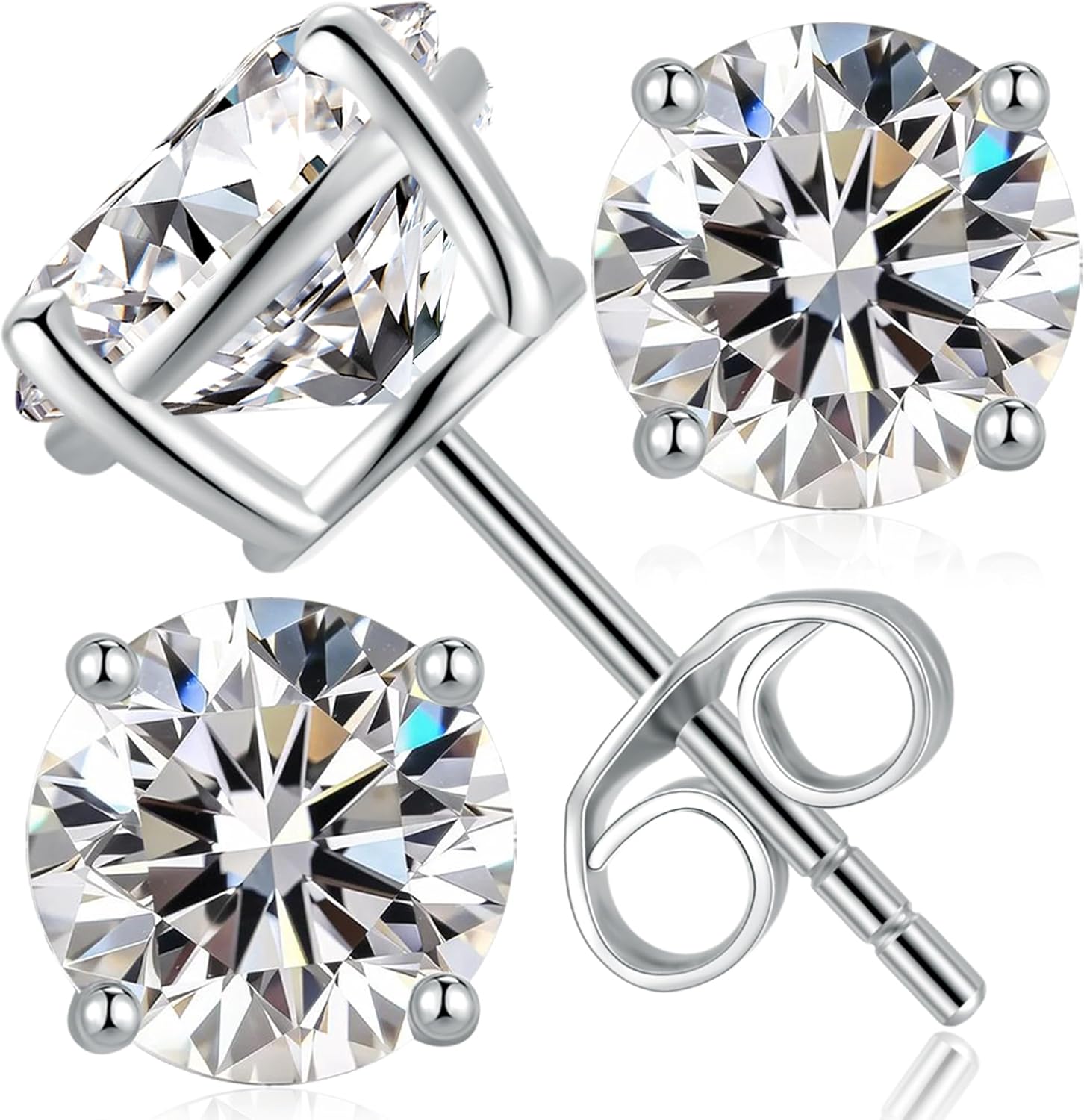 Moissanite Stud Earrings 18K White Gold Plated Sterling Silver Stud Earrings for Women Men Hypoallergenic Round Cut D Color VVS1 Clarity Lab Created Simulated Diamond Earrings 0.3-2ct Screw Back Push Back