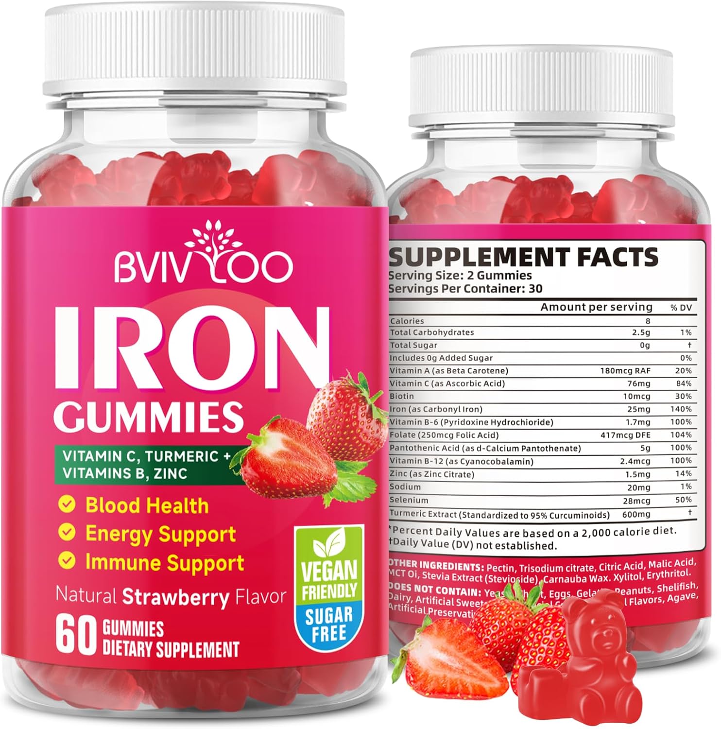 Vegan Iron Gummies for Adults & Kids – with Vitamin C, A, B-Complex, Folate, Zinc, and Biotin – for Blood Building & Energy Support, 60 Gummies