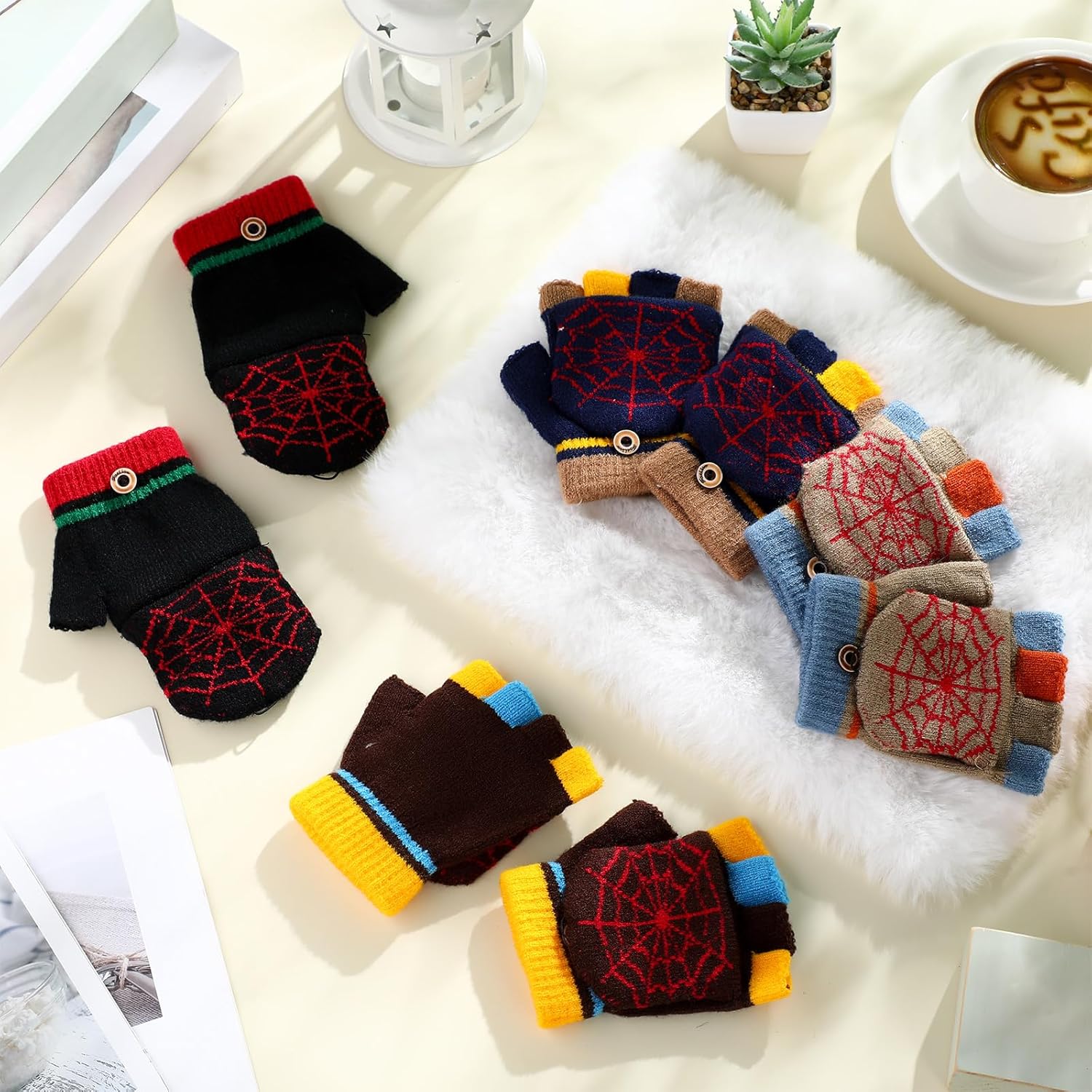 Handepo 4 Pairs Kids Convertible Fingerless Gloves Flip Top Winter Warm Knitted Mittens with Cover for Boy Toddler Girl - Image 7