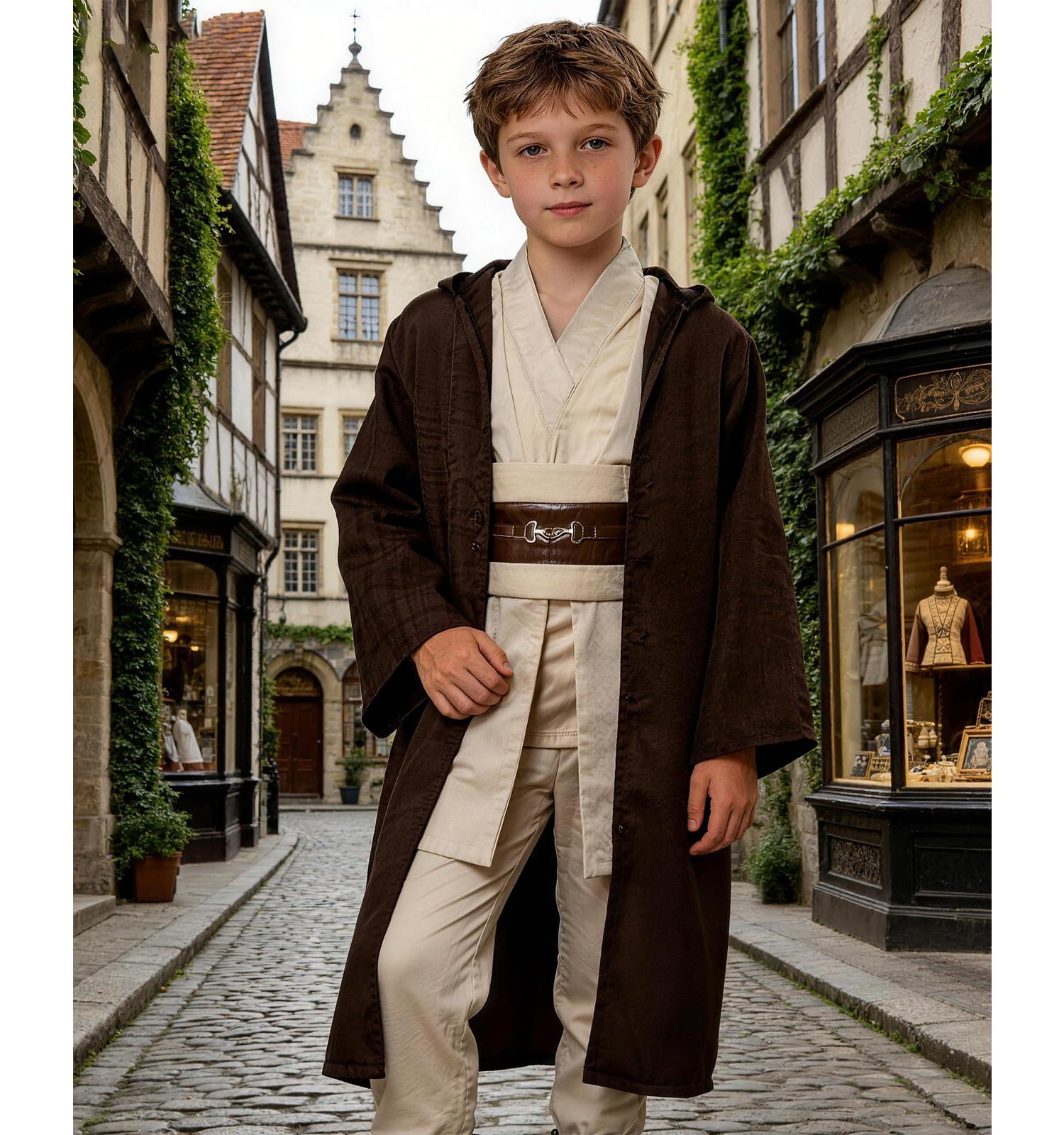 Kinder Mittelalter Ritter Kostüm Cosplay Uniform für Halloween Karneval | Schwarzes Komplett-Set bestehend aus Tunika, Hose, Gürtel und Kapuzenumhang für Kinder