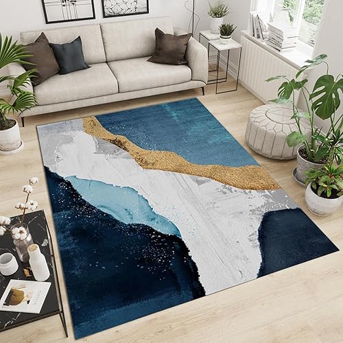 Miniatura 24 de Alfombras clásicas de mármol azul real, alfombra de lujo con tinta salpicada dorada para sala de estar, suave, lavable, resistente a la estilo-02