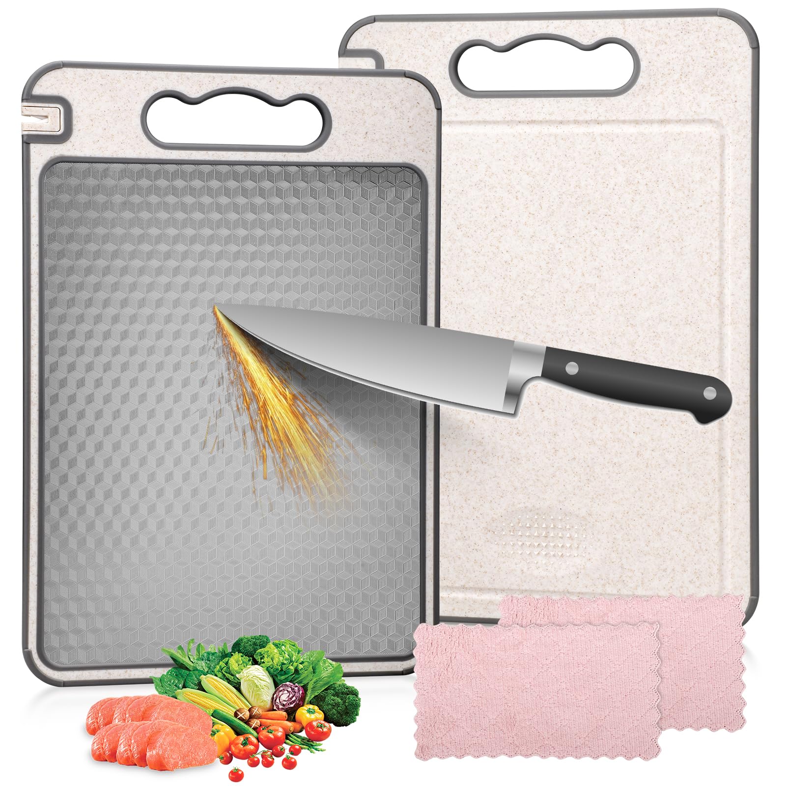 Doppelseitiges Edelstahl Schneidebrett – Lebensmittelechter 304 Edelstahl & Weizenstroh, Rutschfest, Spülmaschinenfest, Hygienisch, Anti-Geruch für Fleisch & Gemüse