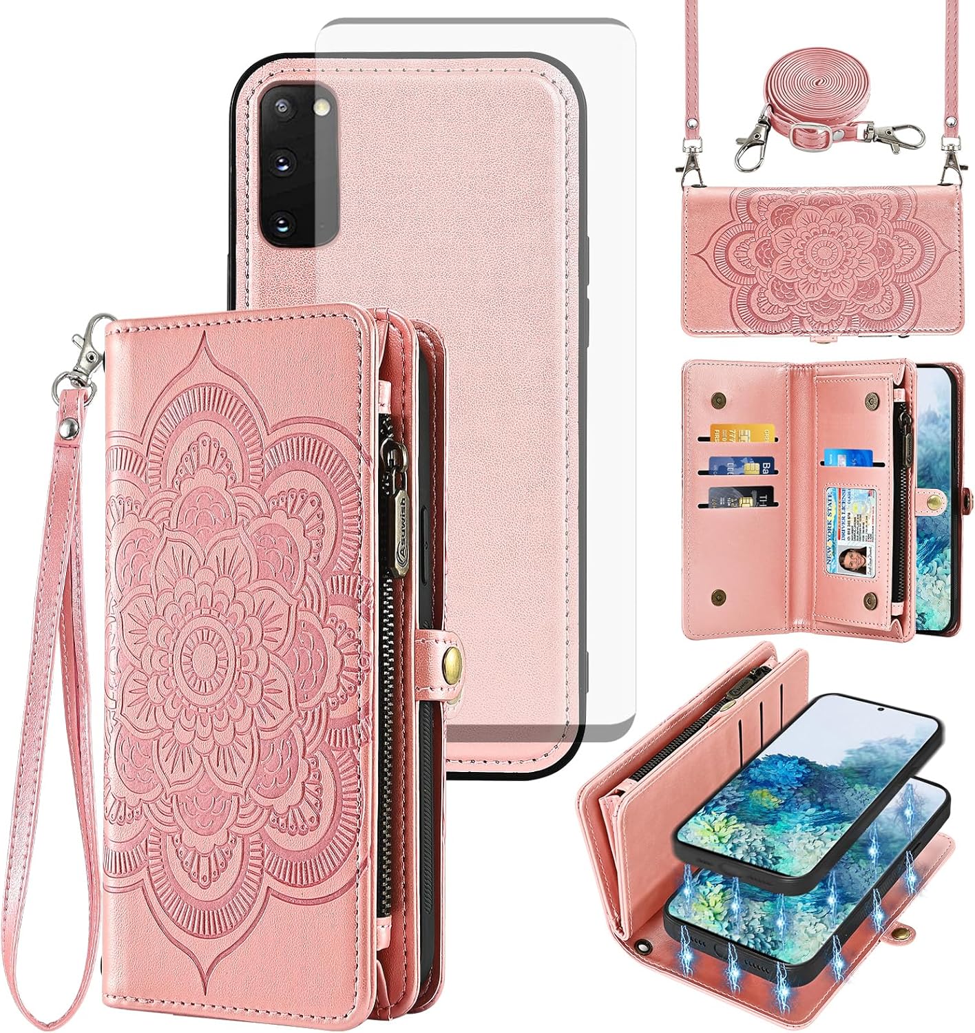 Asuwish Phone Case for Samsung Galaxy S20 5G 6.2 inch Zipper Wallet Detachable Cell Cover with Tempered Glass Screen Protector Strap Mandala Flower Card Holder S 20 20S UW S2O G5 Women Girls Rose Gold
