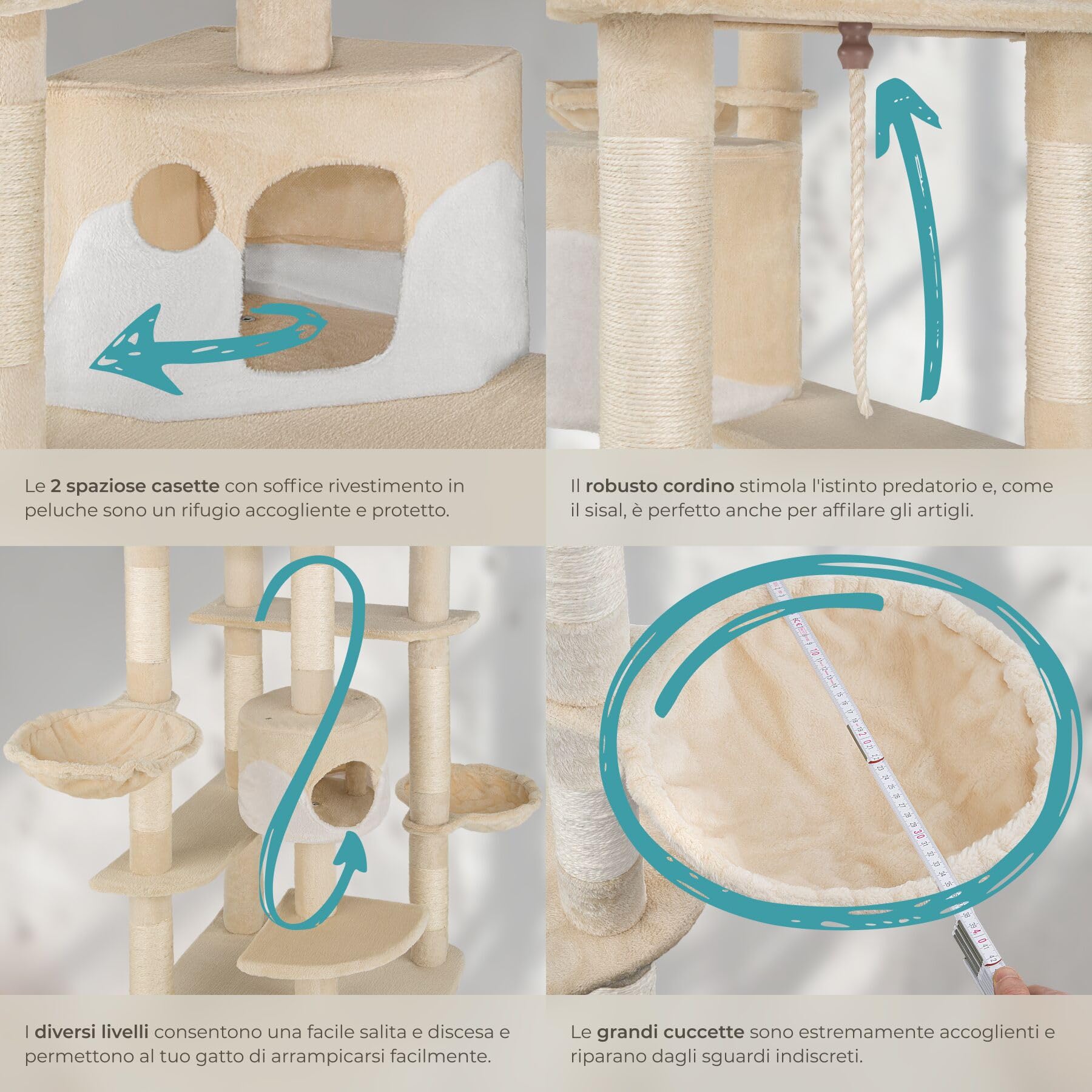 tectake® Tiragraffi per Gatti, Albero con 2 Casette, 4 Piattaforme, Tiragraffi con Amaca per Gatti, Albero con Conche Orientabili e Cordicella per Gioco - 201 cm - Beige/Bianco