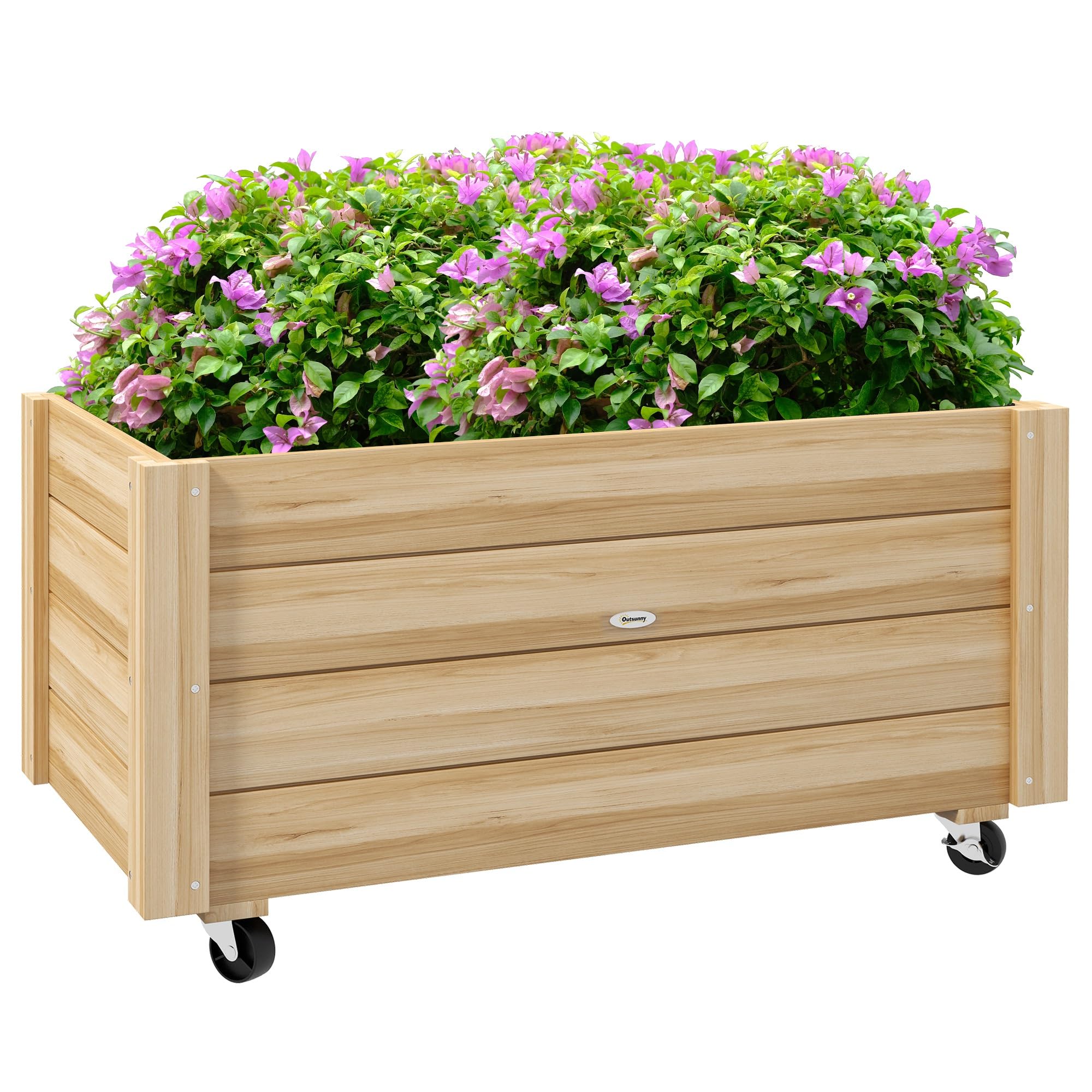 Outsunny Jardinera de Madera con Ruedas Huerto Urbano Madera Jardinera Rectangular con Orificios de Drenaje y Tela no Tejida para Cultivo Flores Plantas en Jardín Balcón Terraza 89x48x47 cm Natural