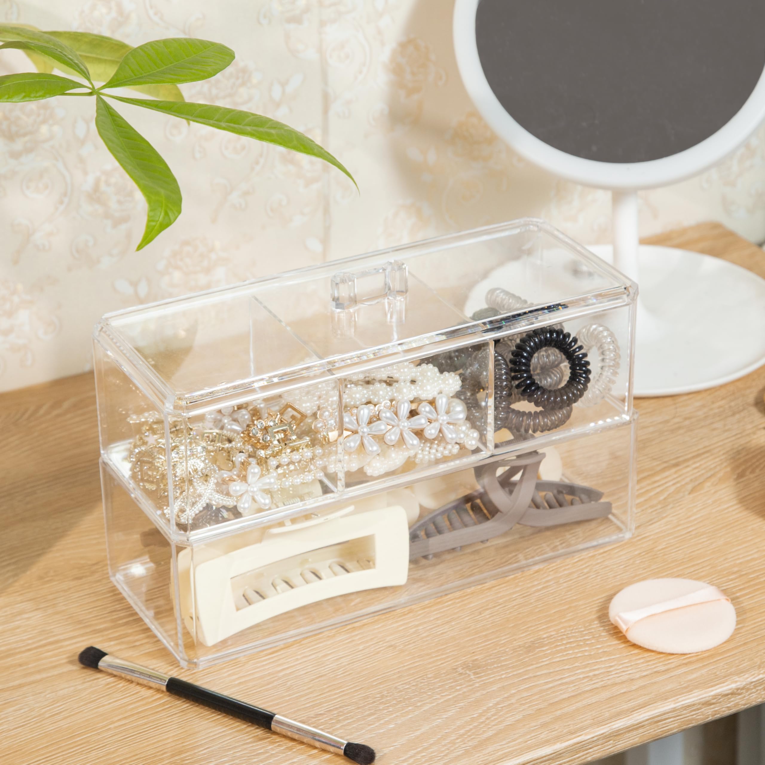 Organizador de accesorios para el cabello de 2 capas para niñas, organizador acrílico para diadema, lazos, pinza para el cabello, organización de hisopos de algodón, soporte para clip para el 5