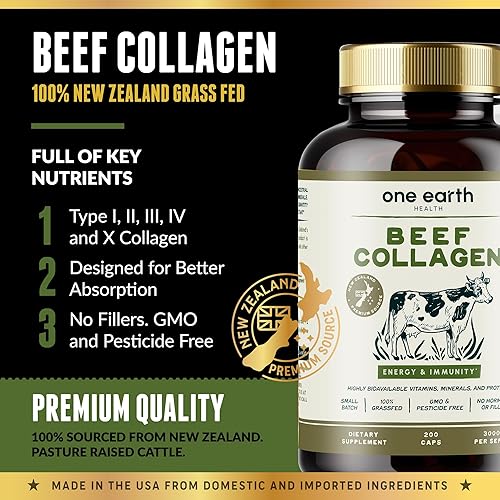 Miniatura 3 de One Earth Health Colágeno de carne de res alimentada con pasto, suplemento de colágeno natural de origen neozelandés (tipos I, II, III, V y X) 3,000