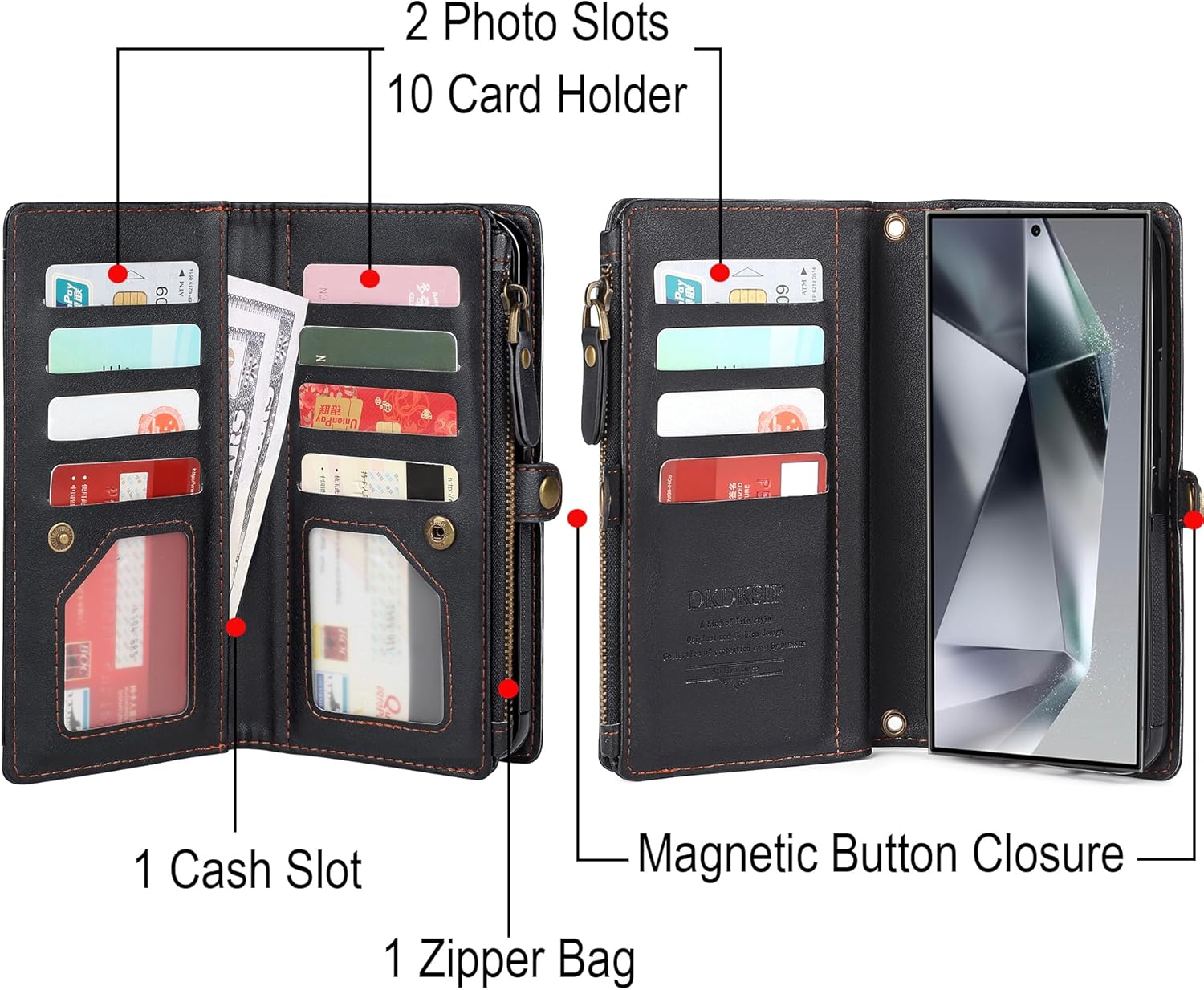 for Samsung Galaxy S24 Ultra Wallet Case for Women, [Wireless Charging] [RFID Blocking] [12 Card Holder], Leather Detachable Magnetic Strap Phone Case for Galaxy S24 Ultra 6.8", Black - Image 3