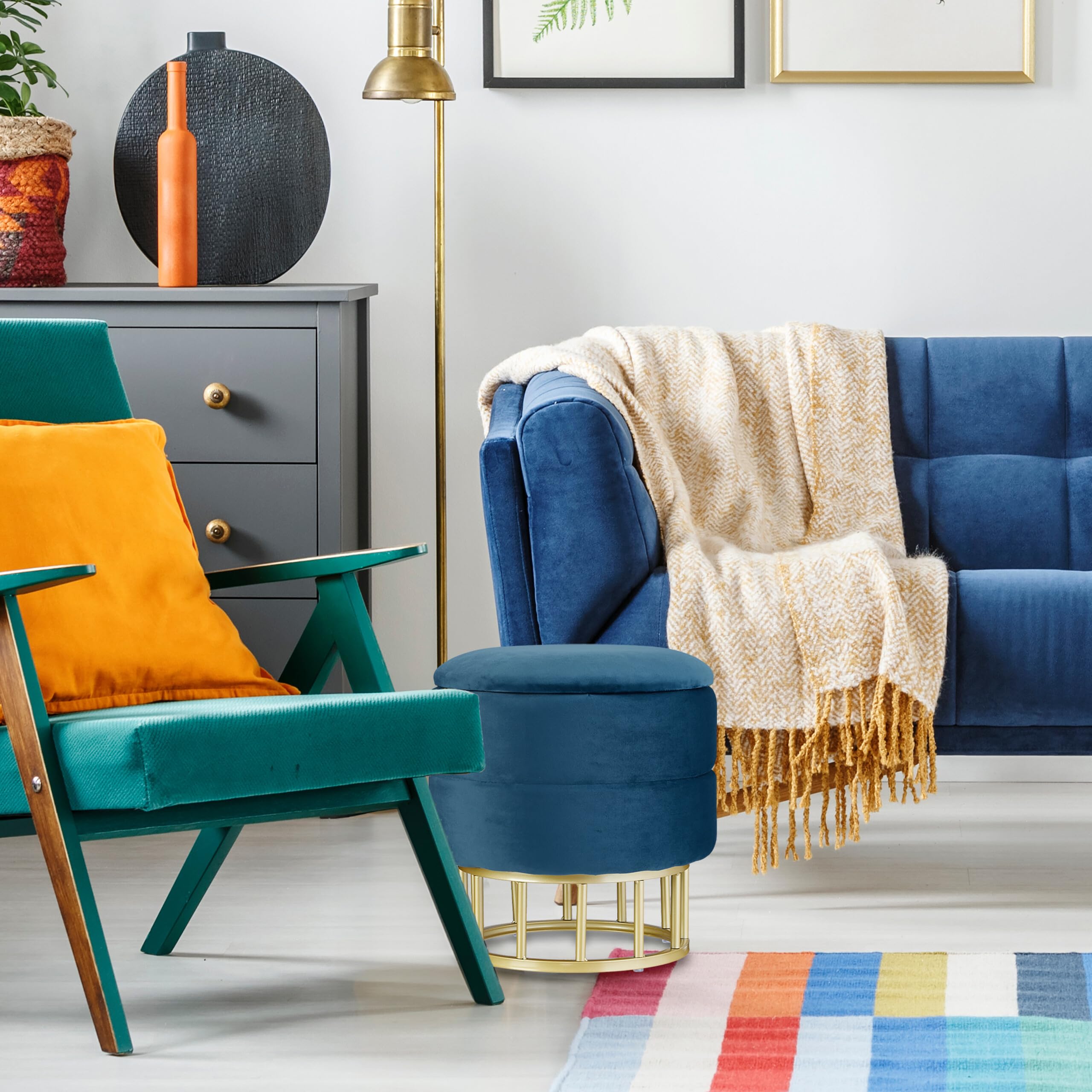 Relaxdays Samthocker mit Stauraum, runder Sitzhocker, gepolstert, Wohnzimmer, H x D: 40 x 40 cm, Hocker Samt, blau/Gold