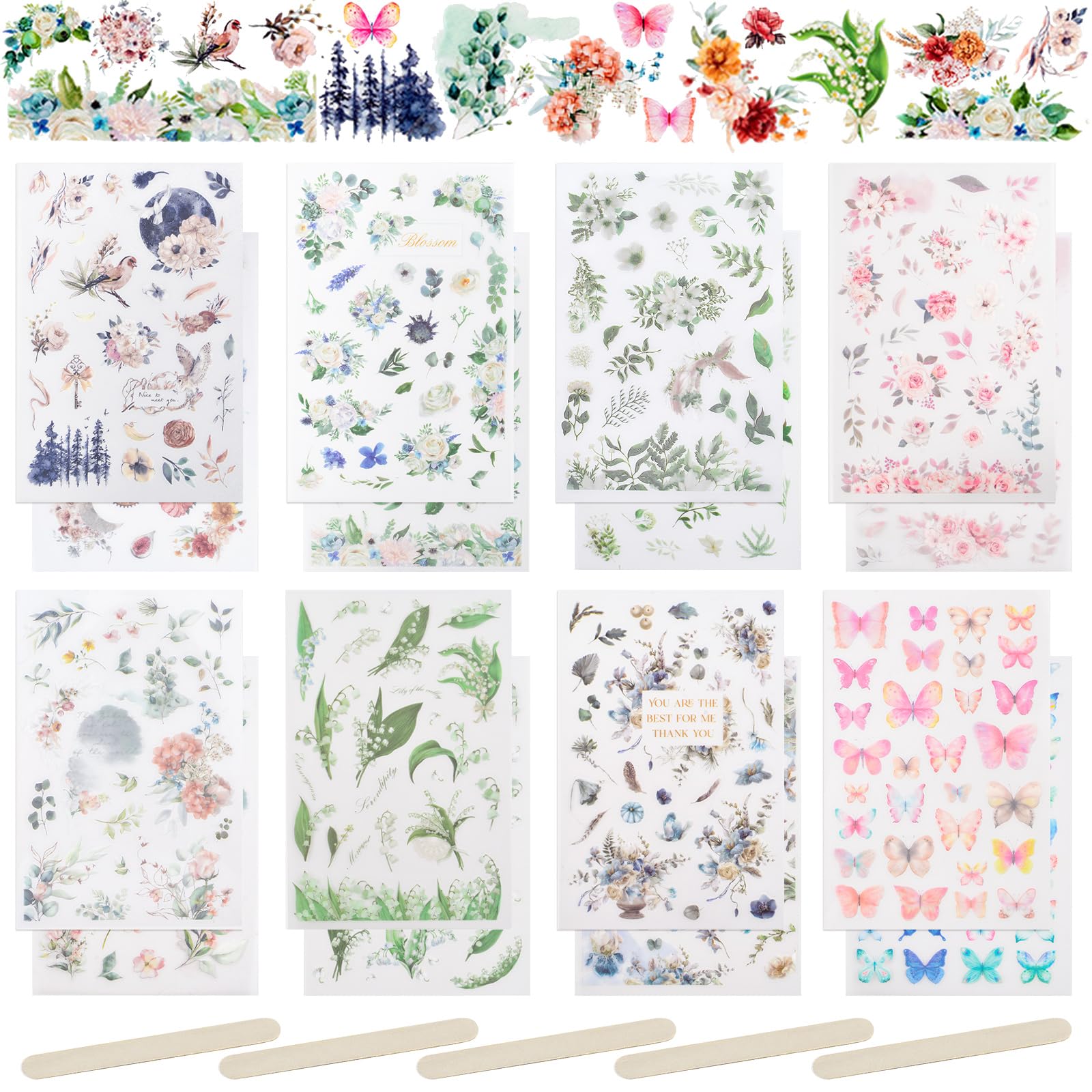 WANDIC 16 hojas de calcomanías de transferencia, calcomanías temáticas de flores y mariposas del bosque, decoración estética, calcomanías de transferencia para álbumes de recortes, diario,