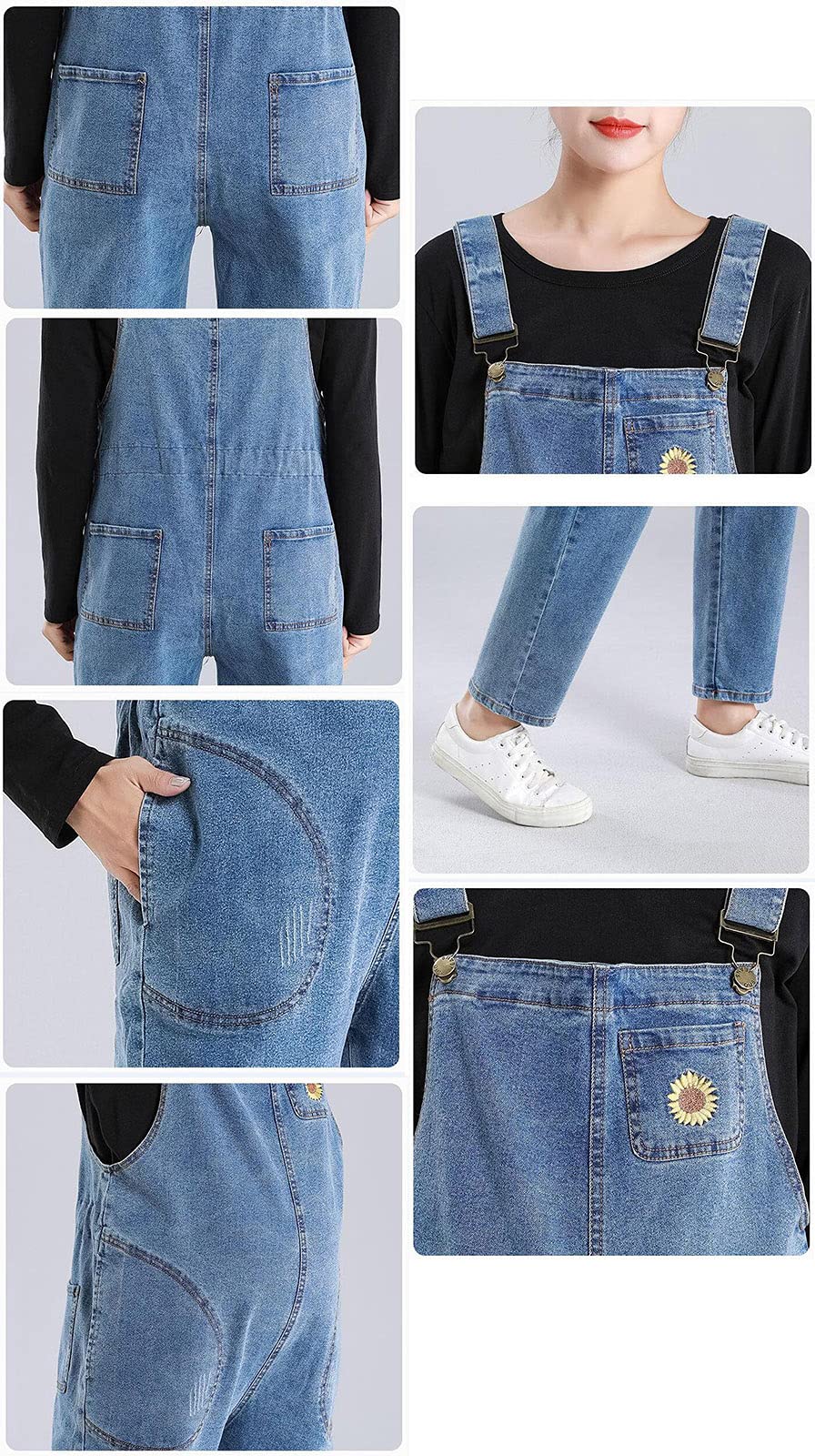Salopette Premaman Elasticizzata Regolabile in Denim Salopette Incinta con Ricamo di Girasole sul Petto