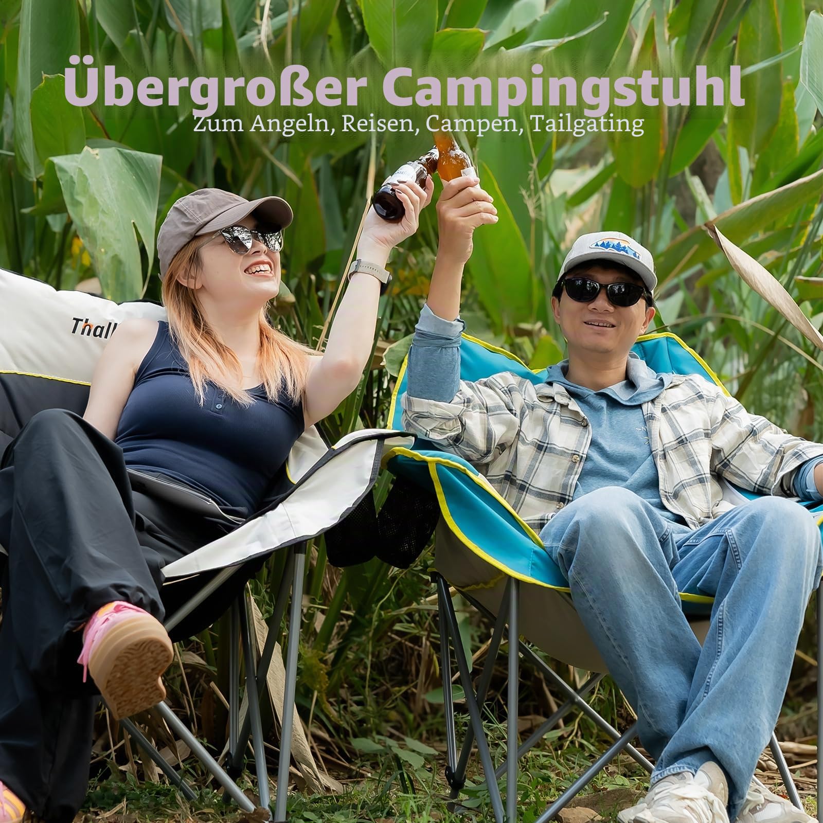 Übergroßer Campingstuhl, strapazierfähig, zusammenklappbar, für Erwachsene, XL, gepolstert, mit Getränkehaltern, Aufbewahrungstasche und Tragetasche, für Camping, Hinterhof, Angeln, Sport