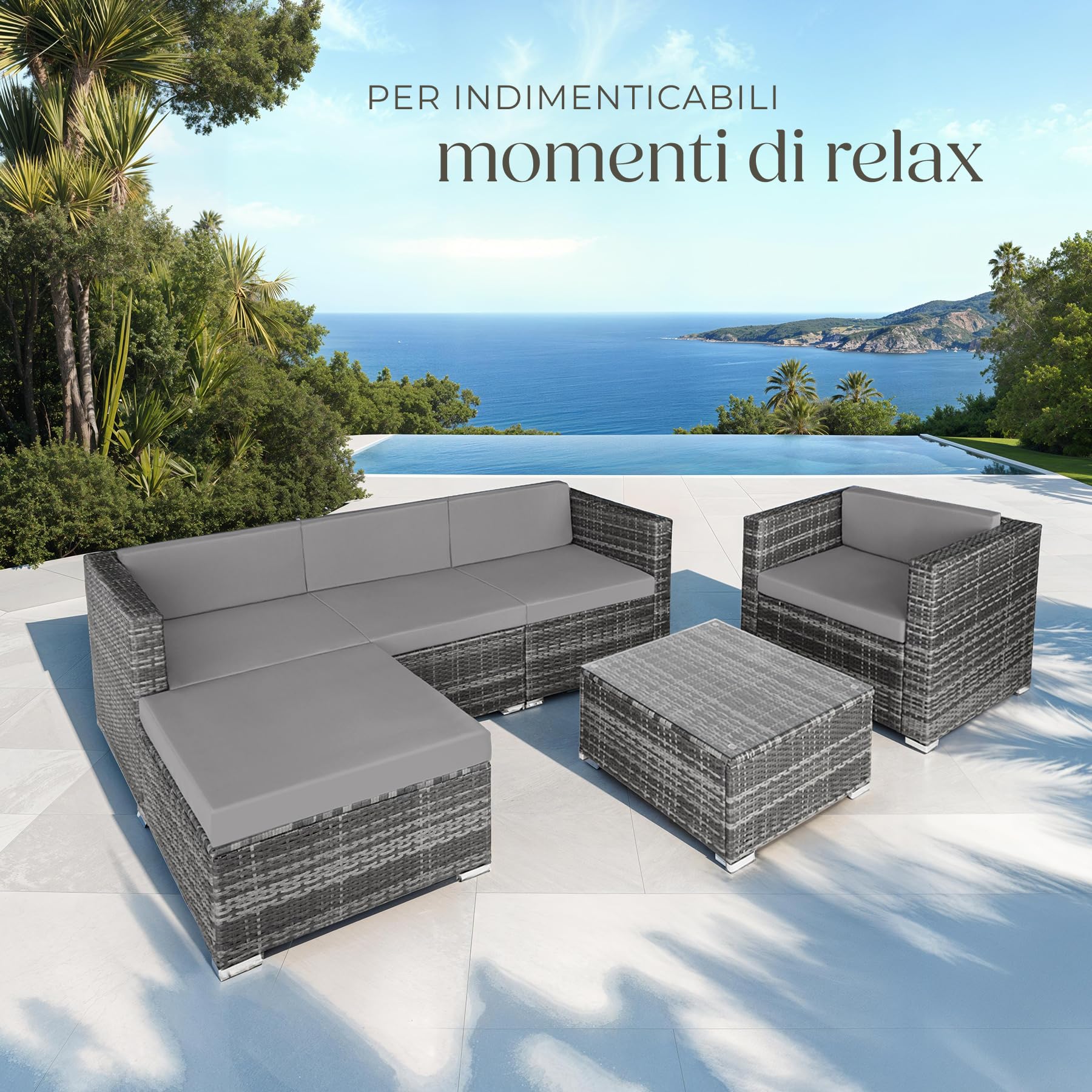 tectake® Set Rattan Milano, Arredo Giardino Elegante con Poltrone, Panche, Tavolo Vetro - Resistente UV, Struttura Acciaio, Imbottitura Morbida, Versatile - Grigio