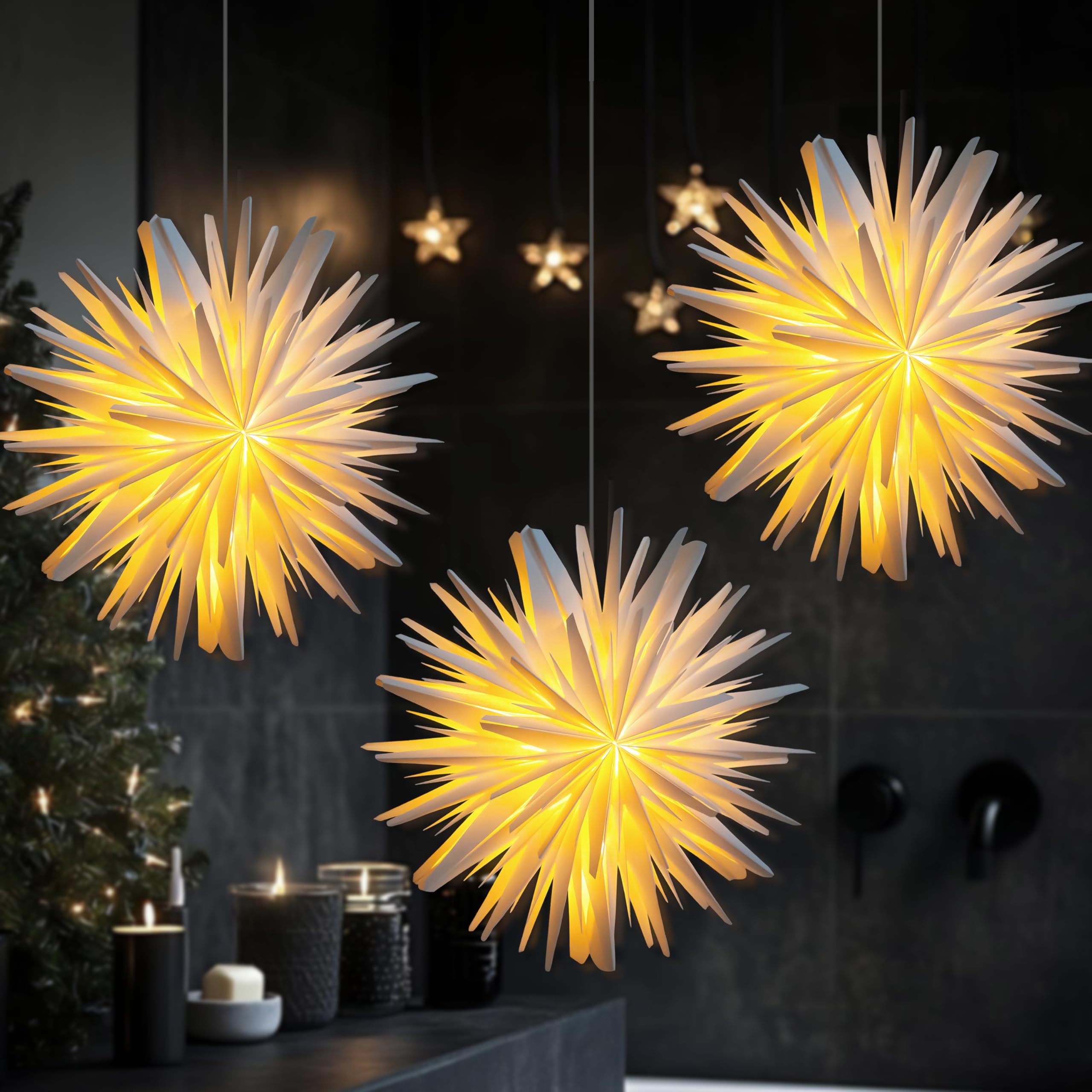 Weihnachtsstern Beleuchtet, 45cm Papiersterne Zum Aufhängen Fenster | LED Leuchtstern Batterie mit Timer, 3D Papier Stern Für Weihnachtsdeko Innen, Fensterdeko Weihnachten, Weiß