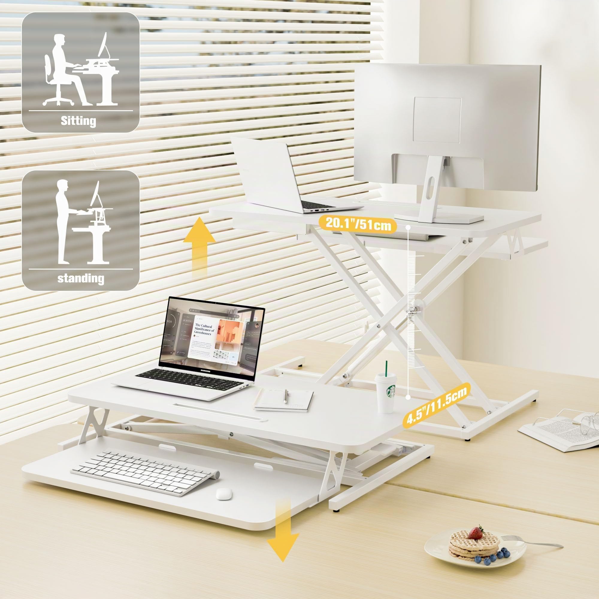 ERGOMAKER Convertitore da Scrivania In Piedi con Vassoio della Tastiera, supporto per scrivania 80 x 40 cm, con due monitor，Noir