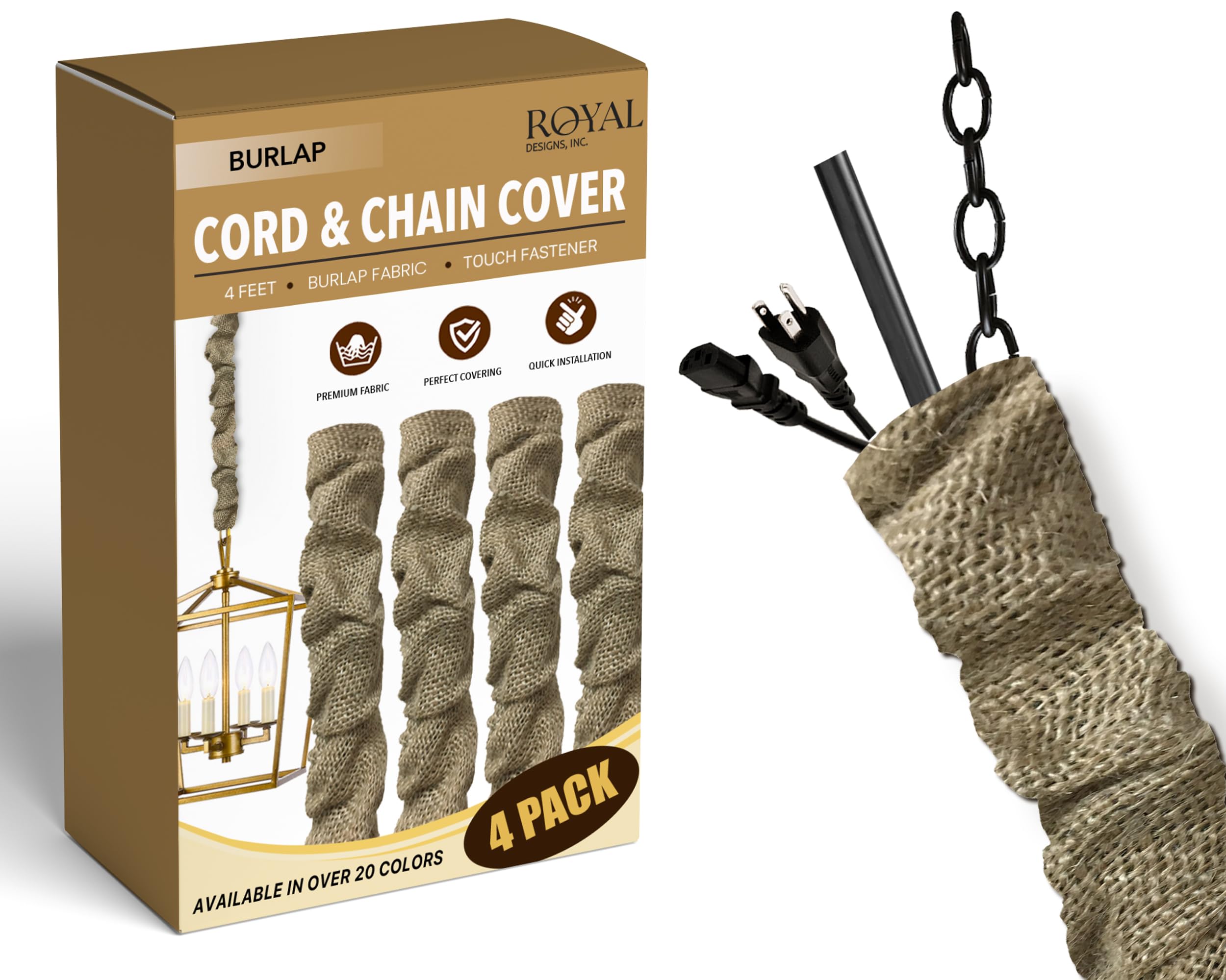 Royal Designs, Inc. Cord &amp; Chain Cover 4 ft Silk Type Fabric, Chandelier Pendant Lighting Chain &amp; Cable Management, Touch Fastener, Burlap - 4 Pack