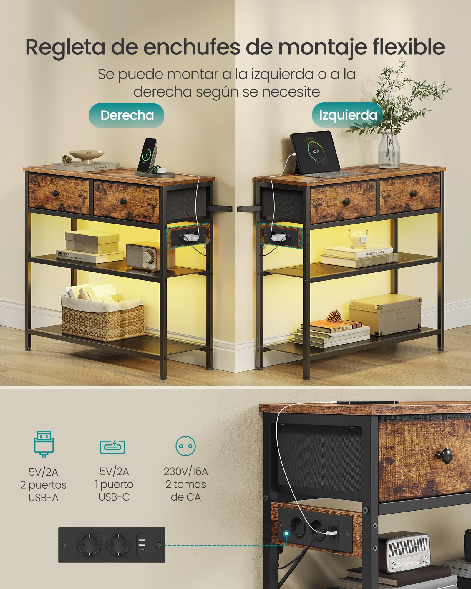 SONGMICS BELLAH Colección - Consola de Recibidor con Toma de Corriente, Mesa Auxiliar con Luz LED, Mesa de Recibidor, Sala de Estar, 30 x 76,7 x 78,7 cm, 2 Cajones de Tela, Marrón Rústico LGS175K102