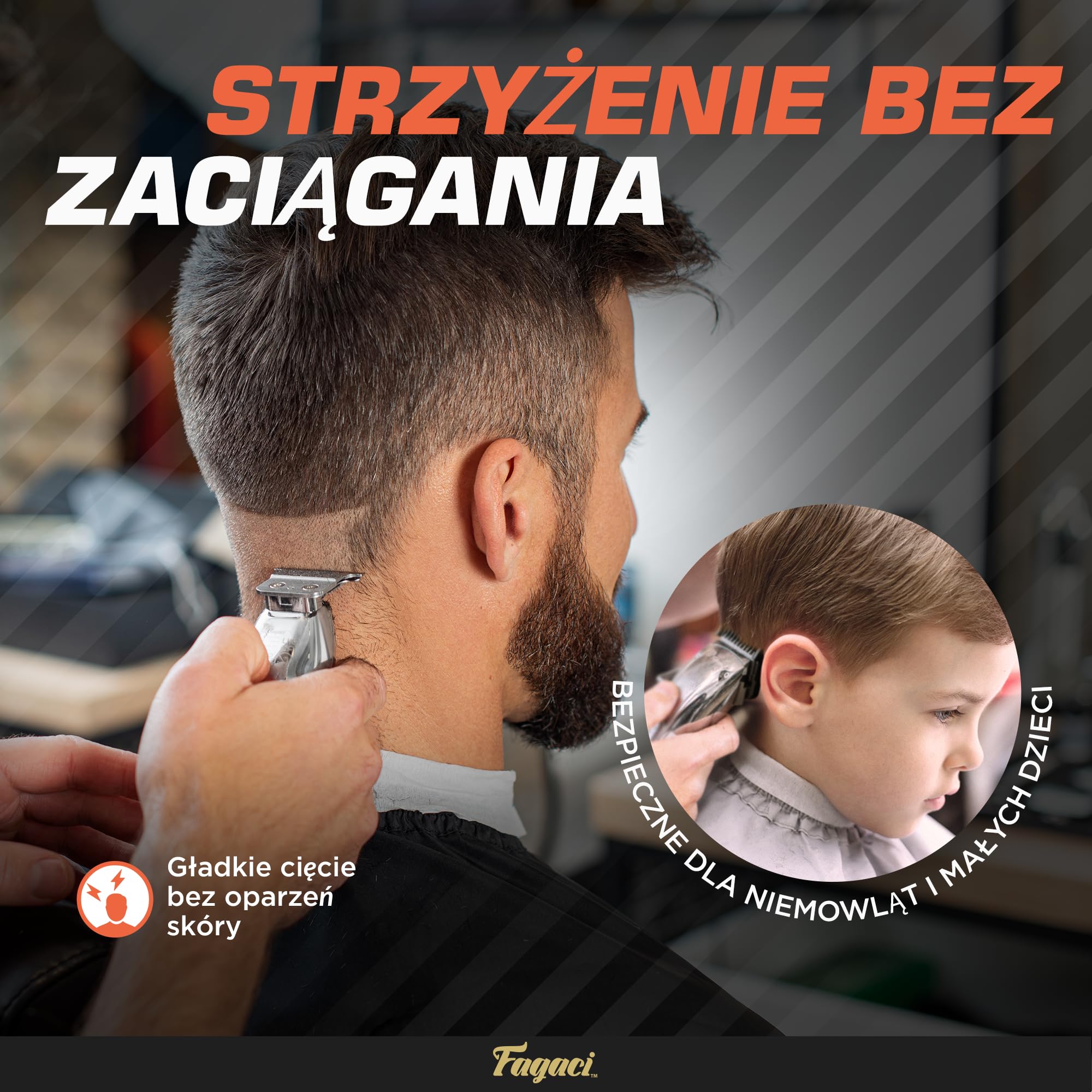 Fagaci Zestaw Maszynka i Trymer, Silniki Turbo, Bateria 5H i 3H, Stojak | Bateria starcza na 5 i 3 godziny pracy, Rekomendowane przez barberów, Ostrza z wysokowęglowej stali, Ciche silniki turbo