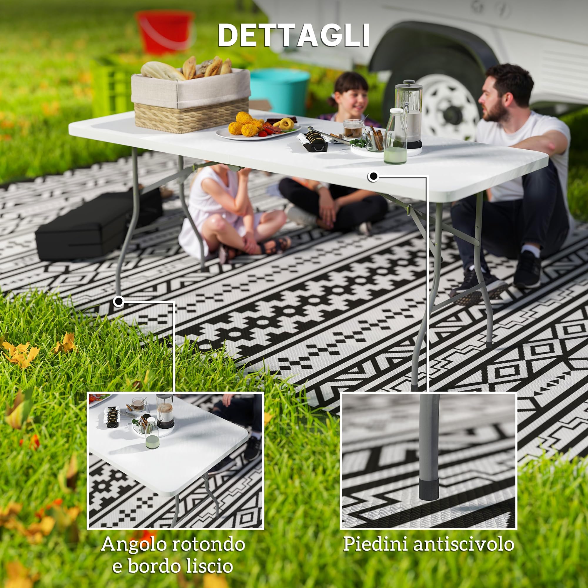 Outsunny Tavolo da Campeggio Pieghevole 180x74x74 cm Bianco, Tavolino da Esterno con Telaio in Metallo