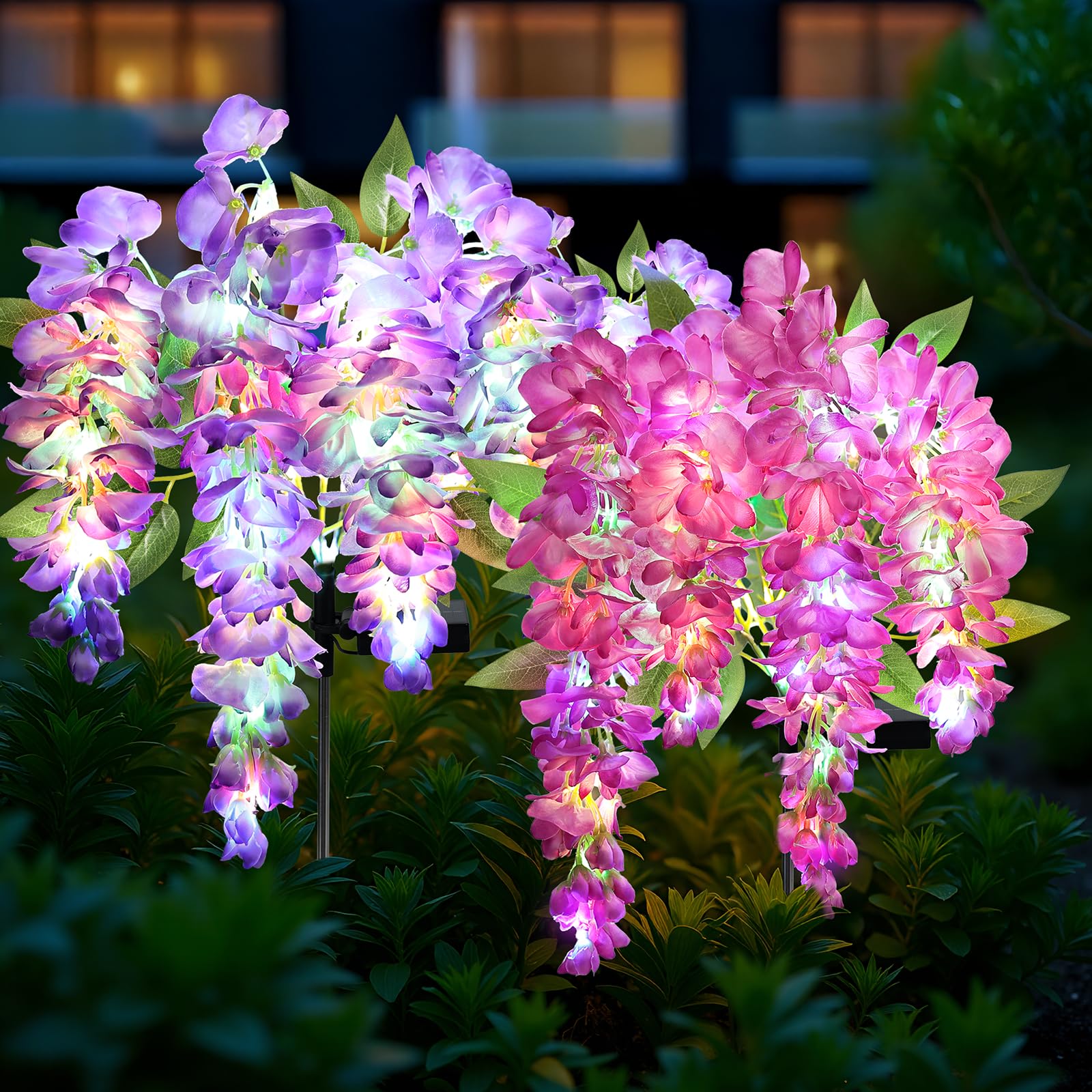 Joyoldelf Solar Flower Lights Outdoor 2 Pack, Wisteria Garden Ornaments with Coloured Changing LEDs, Waterproof Solar Lights for Garden Patio Lawn Pathway Cemetery Decor (Purple-Red Mixed with Purple)
