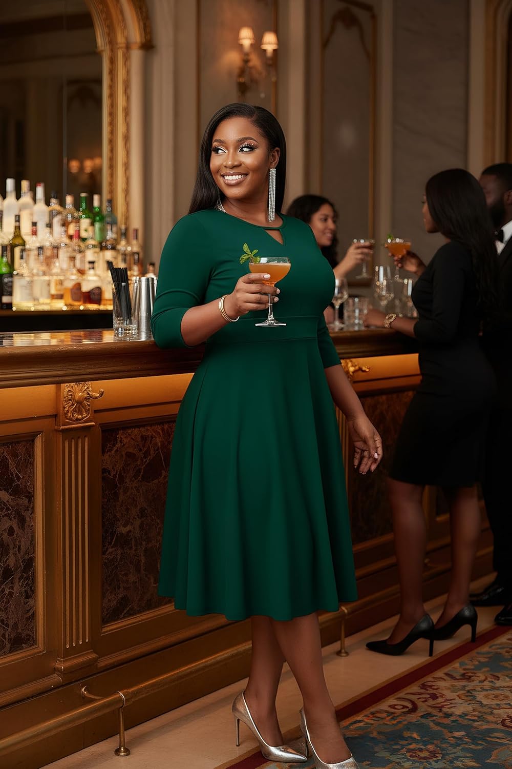 Nmoder Womens Plus Size Cocktail Dress 3/4 Sleeve Church Dresses for Women Midi Work Crewneck Dress with Pockets - Image 3