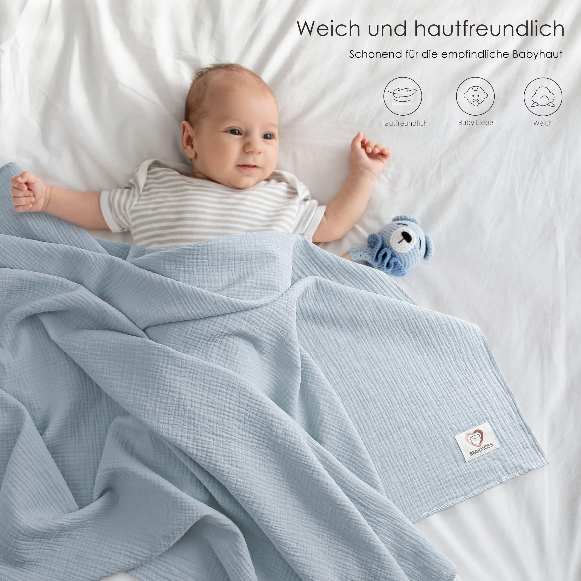 bearmoss 100% Mussole Neonato Cotone Coperte 120x120cm, Coperte di Ricezione Traspiranti e Morbidissime per Bambini, Ragazzi e Ragazze Unisex 3 pack (Indigo)