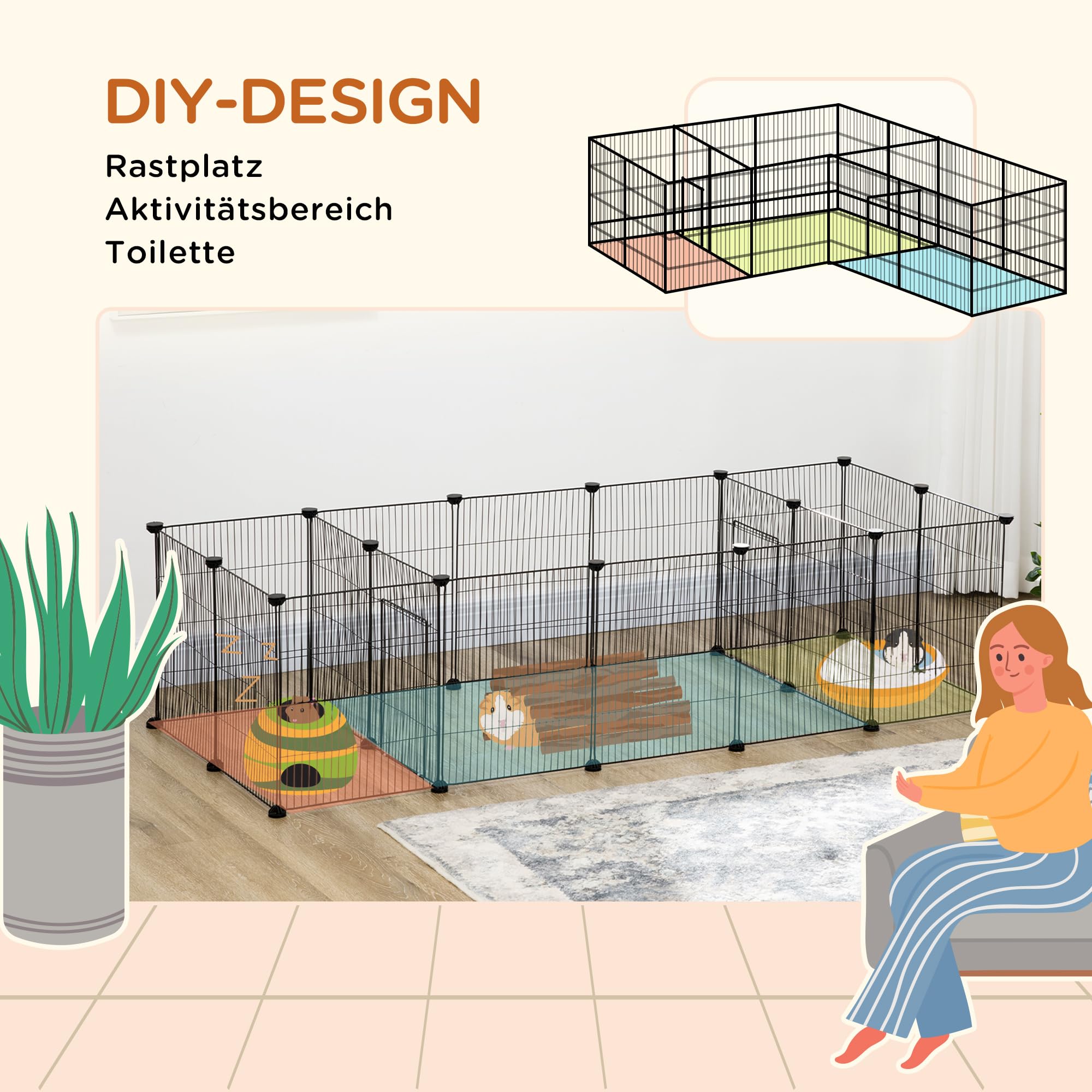 PawHut Freigehege Meerschweinchen Gehege, Kleintiergehege, Freilaufgehege mit 18 Platten, DIY Kleintierkäfig aus Stahlgitter, für Indoor, Outdoor, 175 x 70 x 45 cm, Schwarz