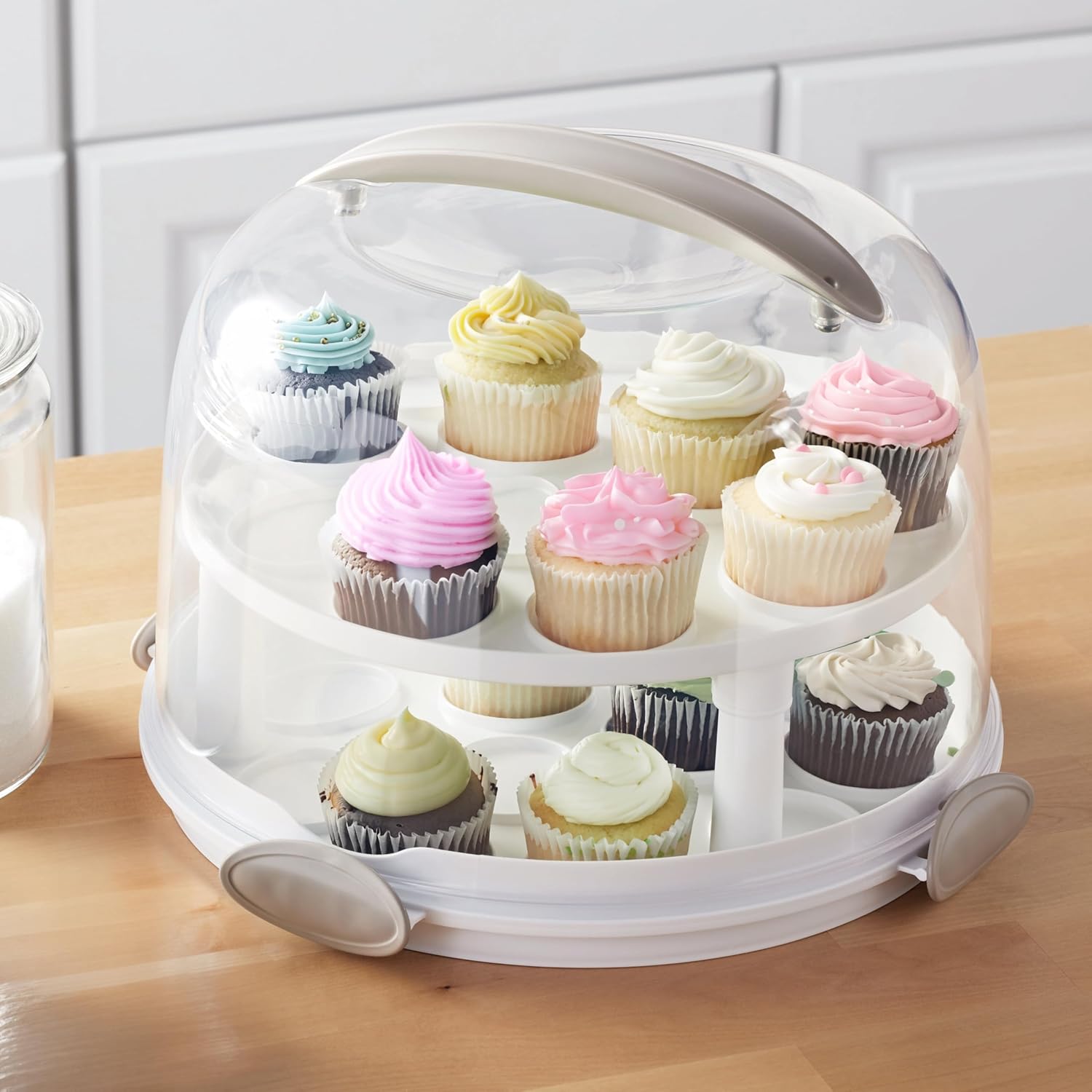 13 Inch Round Cake Carrier with Lid and Handle, BPA-Free Plastic Cake Holder with Locking Latches, 2-Tier Stackable Cake Container for Transport, Serving & Food Storage, Dishwasher Safe