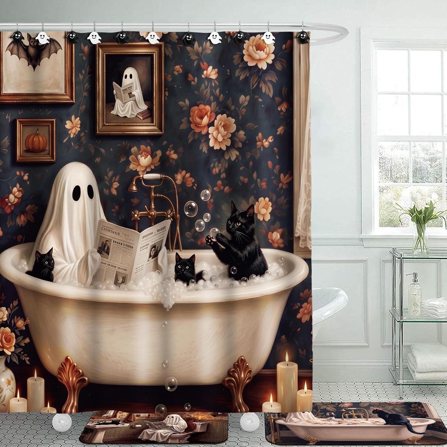 Peryiter 21 Pcs Vintage Halloween Shower Curtain Set, 70.9", Ghost Rugs