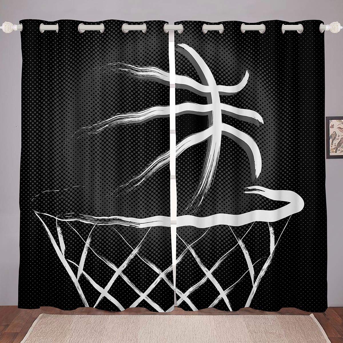 Loussiesd Sports Basketball Curtains For Bedroom Basket Room Darkening Curtain Texture Dots Thermal Insulated Window Drapes Basketball League Home Curtain W46*L54 Black โ image 1